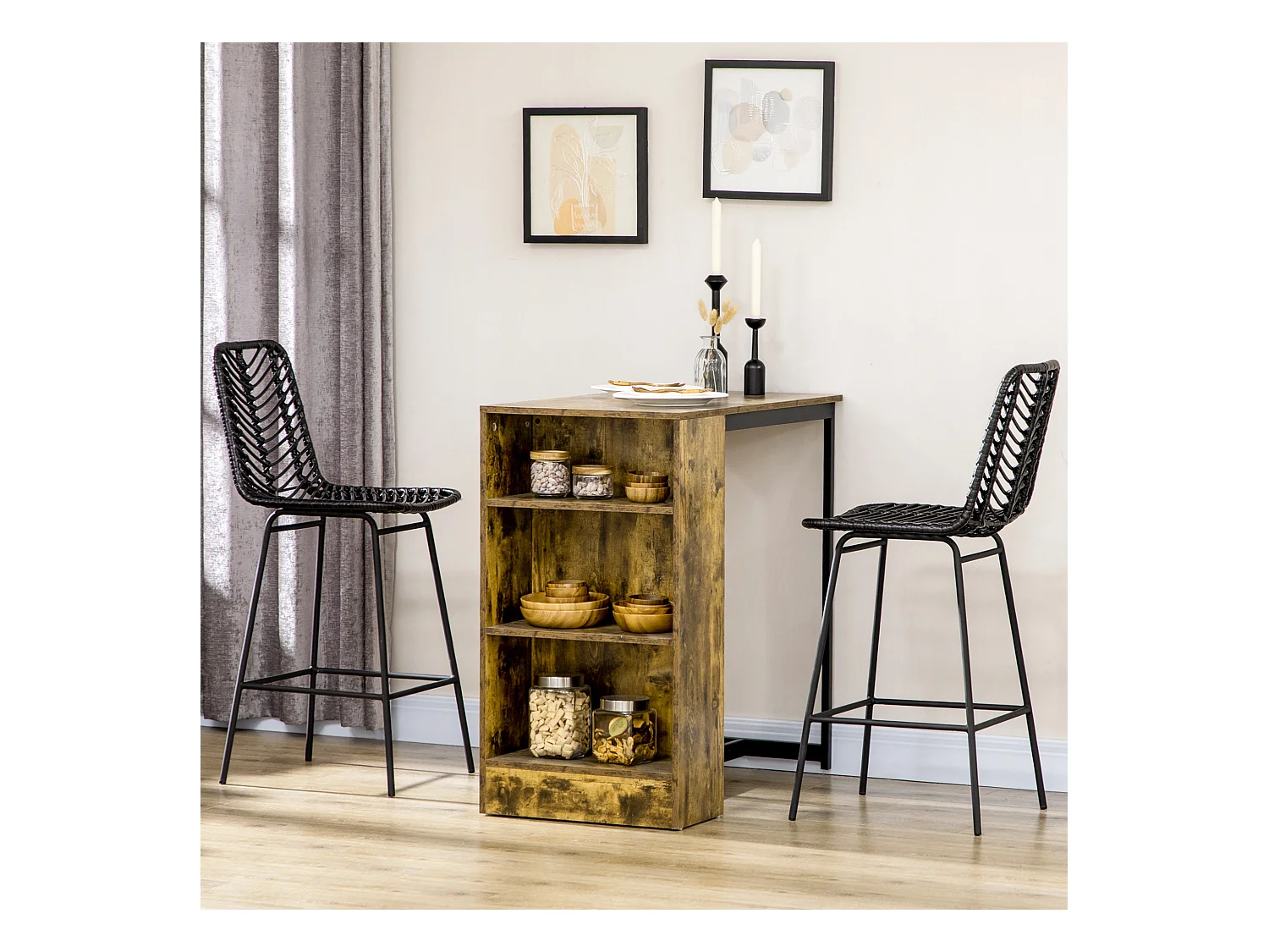 Lot de 2 tabourets de bar style colonial piètement acier résine tressée aspect rotin noir