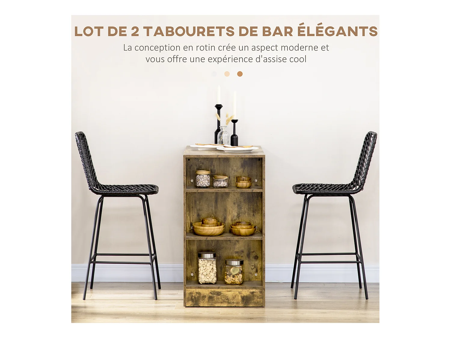 Lot de 2 tabourets de bar style colonial piètement acier résine tressée aspect rotin noir