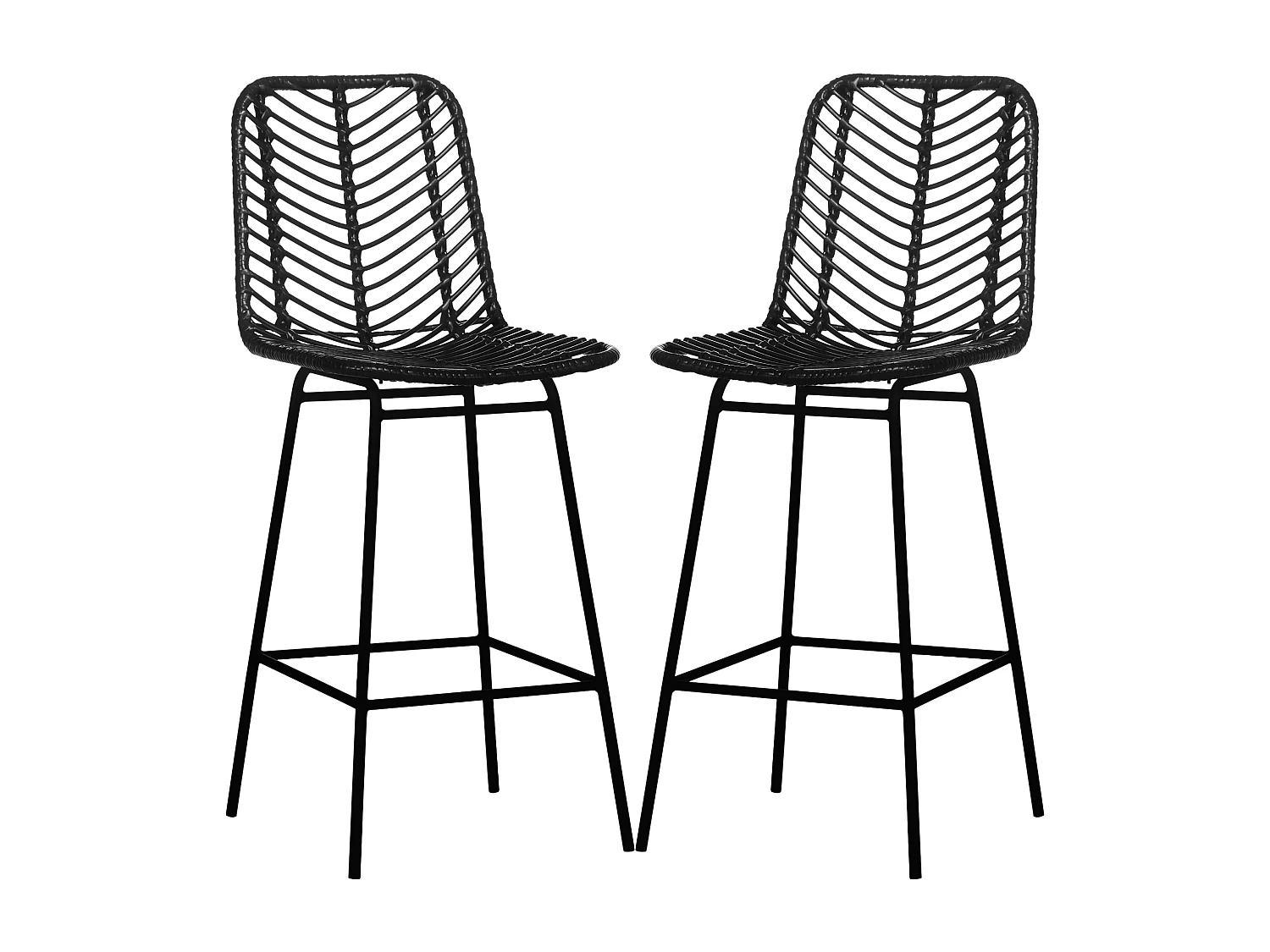 Lot de 2 tabourets de bar style colonial piètement acier résine tressée aspect rotin noir