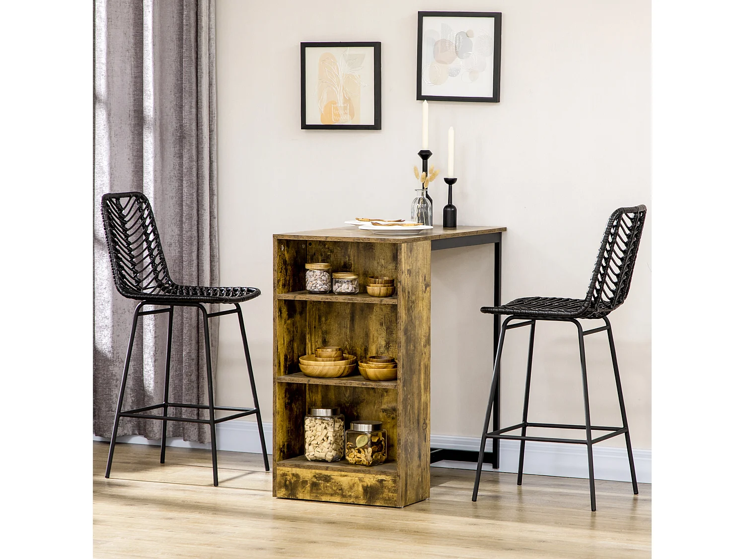 Lot de 2 tabourets de bar style colonial piètement acier résine tressée aspect rotin noir