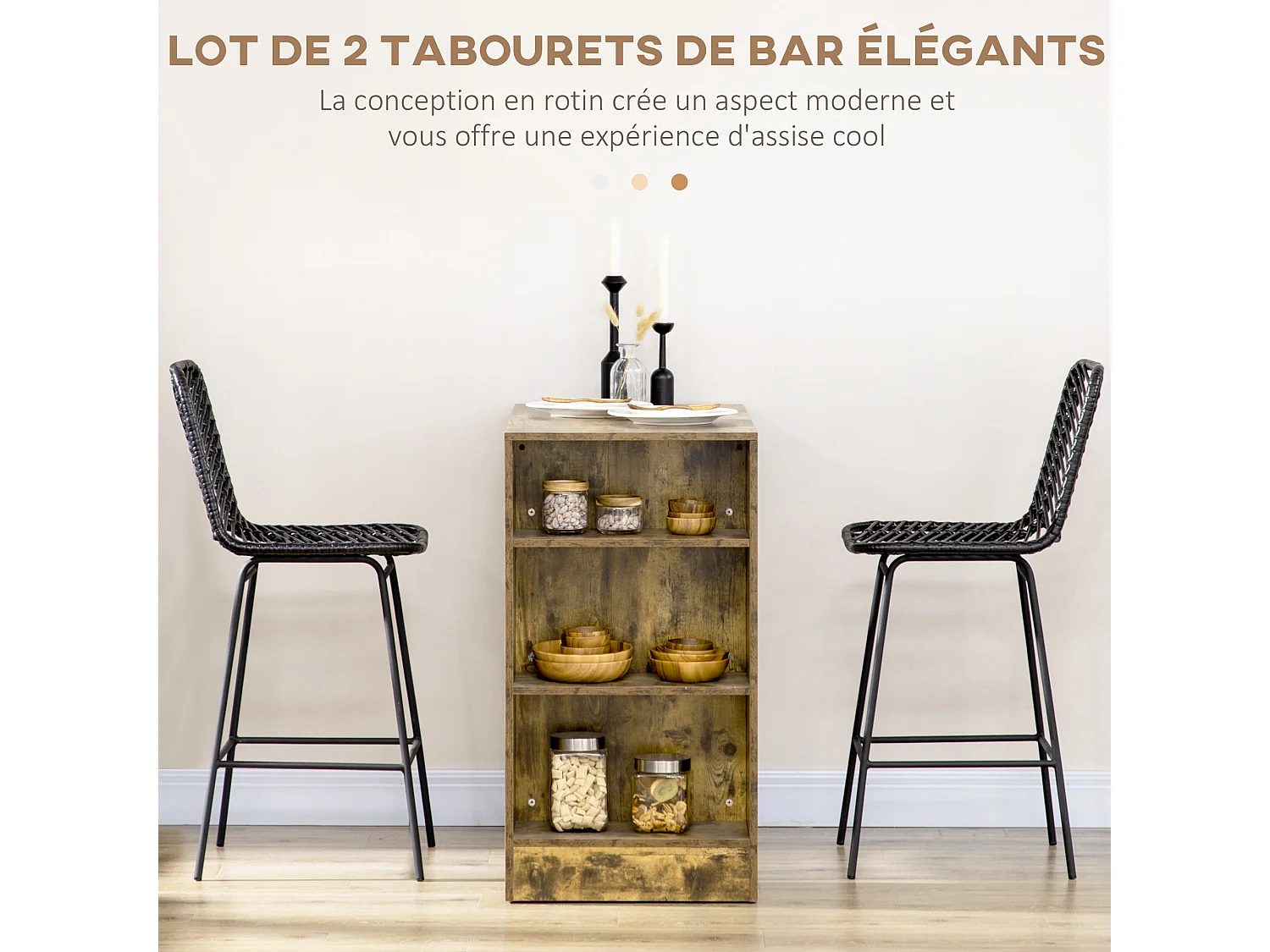 Lot de 2 tabourets de bar style colonial piètement acier résine tressée aspect rotin noir