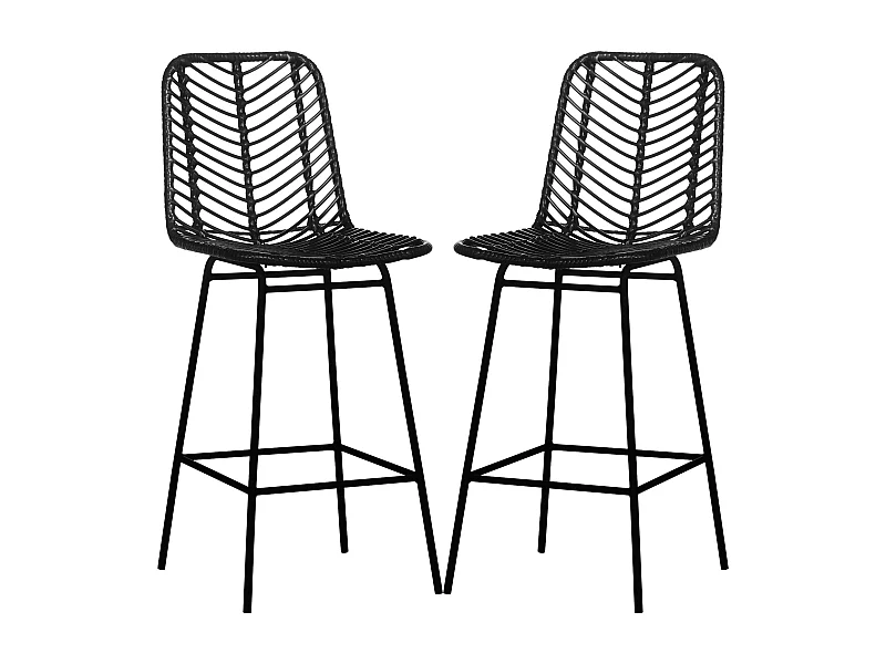 Lot de 2 tabourets de bar style colonial piètement acier résine tressée aspect rotin noir