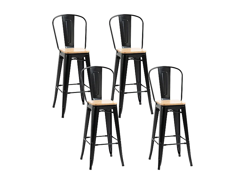 Lot de 4 tabourets de bar industriel avec dossier repose-pied hauteur assise 76 cm métal panneaux multicouches imitation bois clair