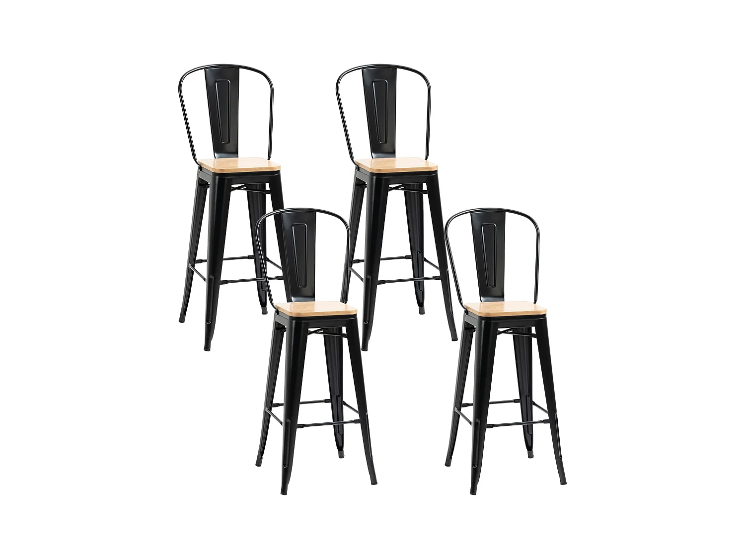 Lot de 4 tabourets de bar industriel avec dossier repose-pied hauteur assise 76 cm métal panneaux multicouches imitation bois clair