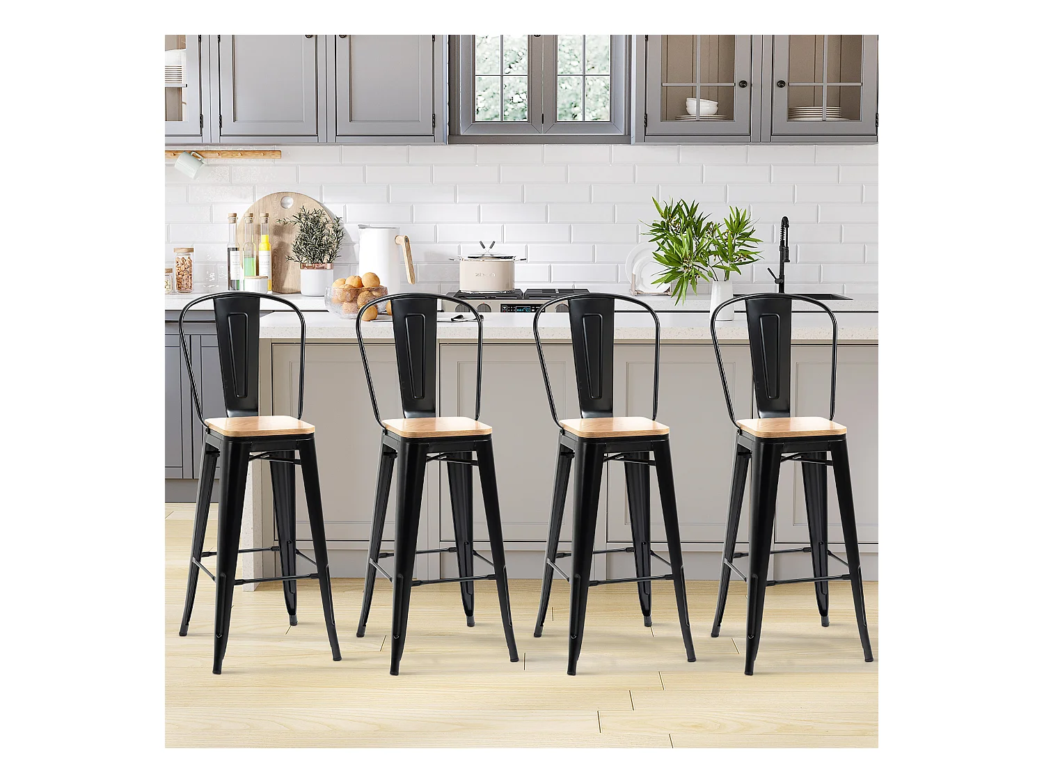 Lot de 4 tabourets de bar industriel avec dossier repose-pied hauteur assise 76 cm métal panneaux multicouches imitation bois clair
