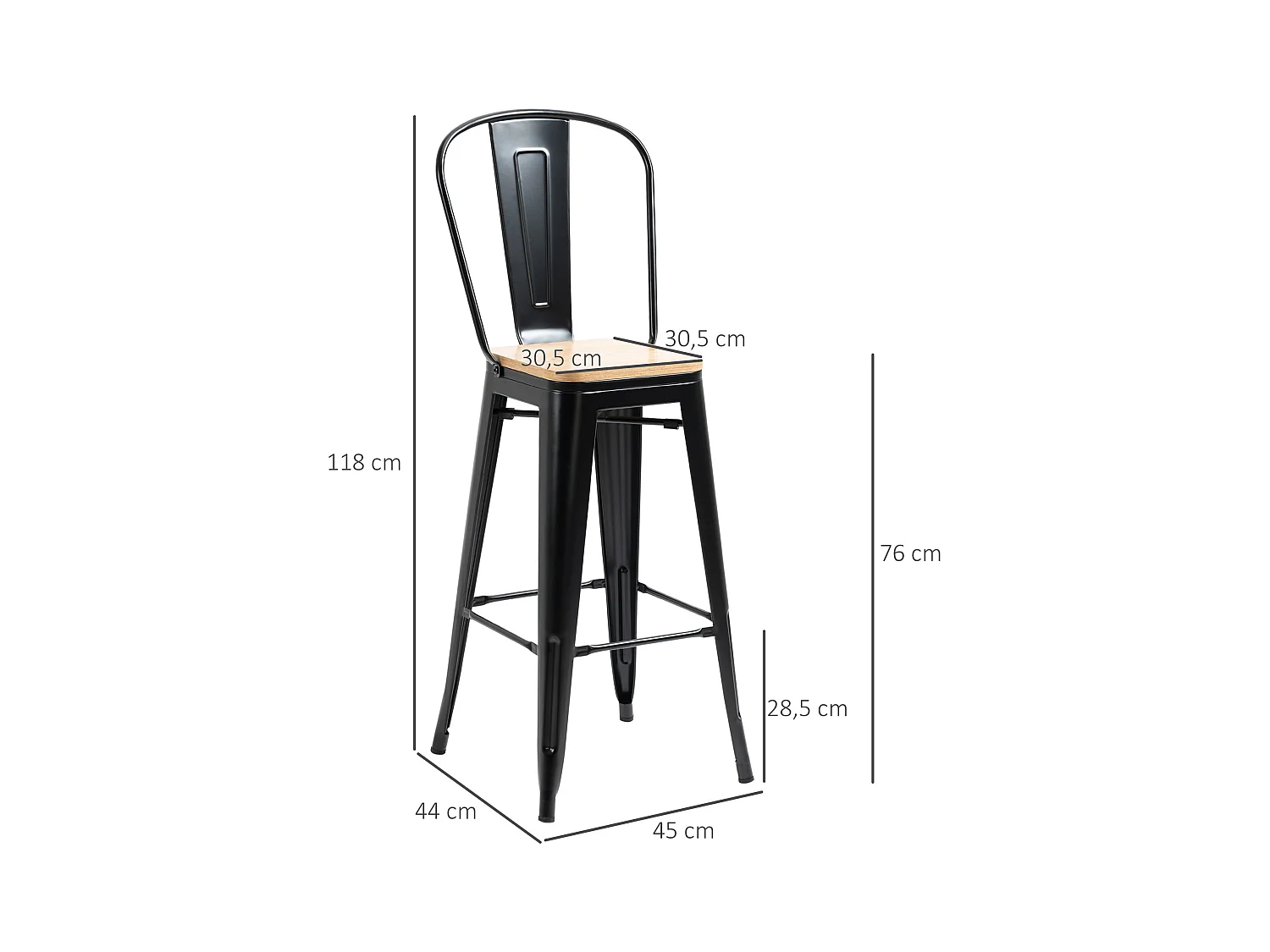 Lot de 4 tabourets de bar industriel avec dossier repose-pied hauteur assise 76 cm métal panneaux multicouches imitation bois clair