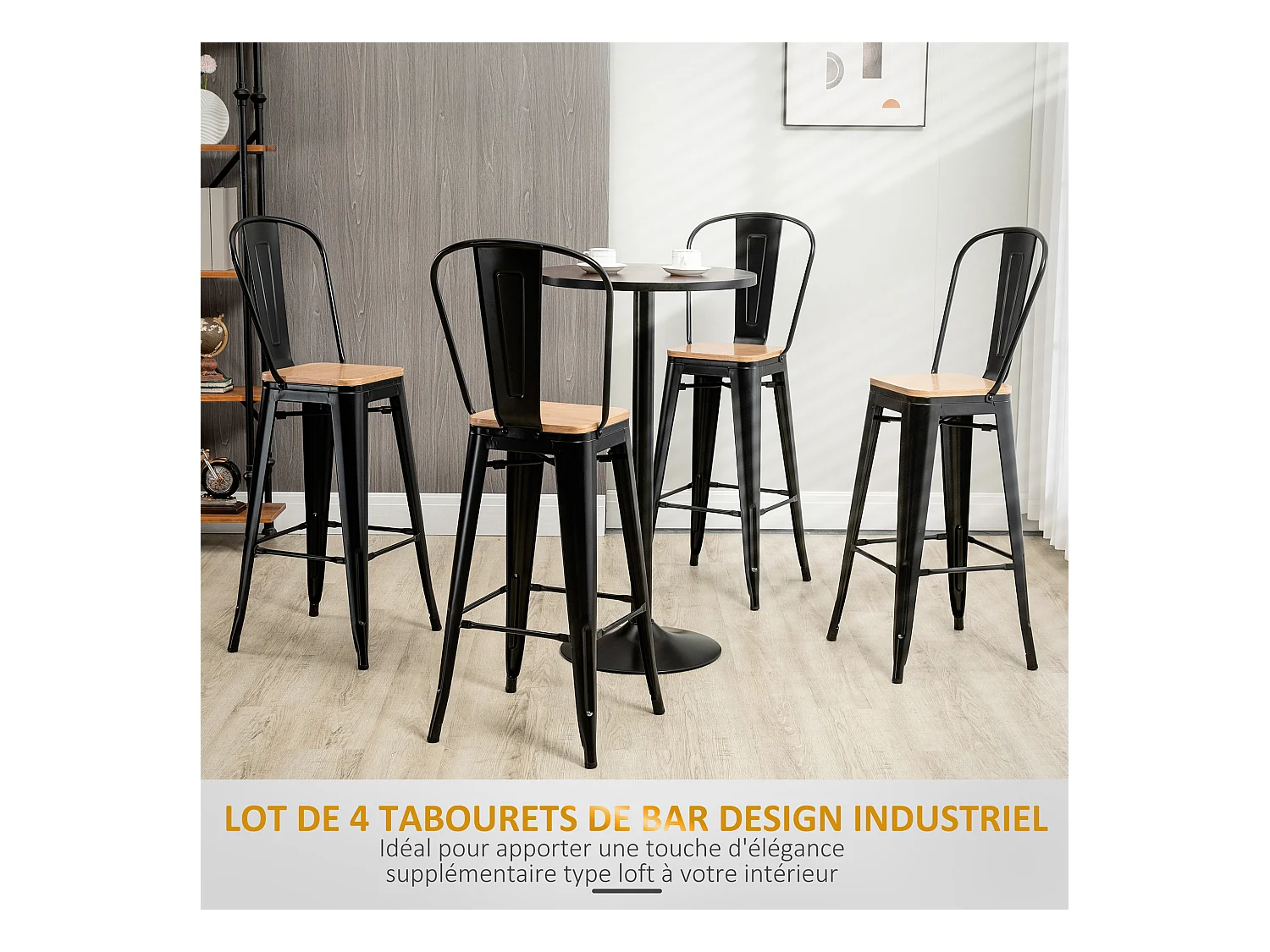 Lot de 4 tabourets de bar industriel avec dossier repose-pied hauteur assise 76 cm métal panneaux multicouches imitation bois clair