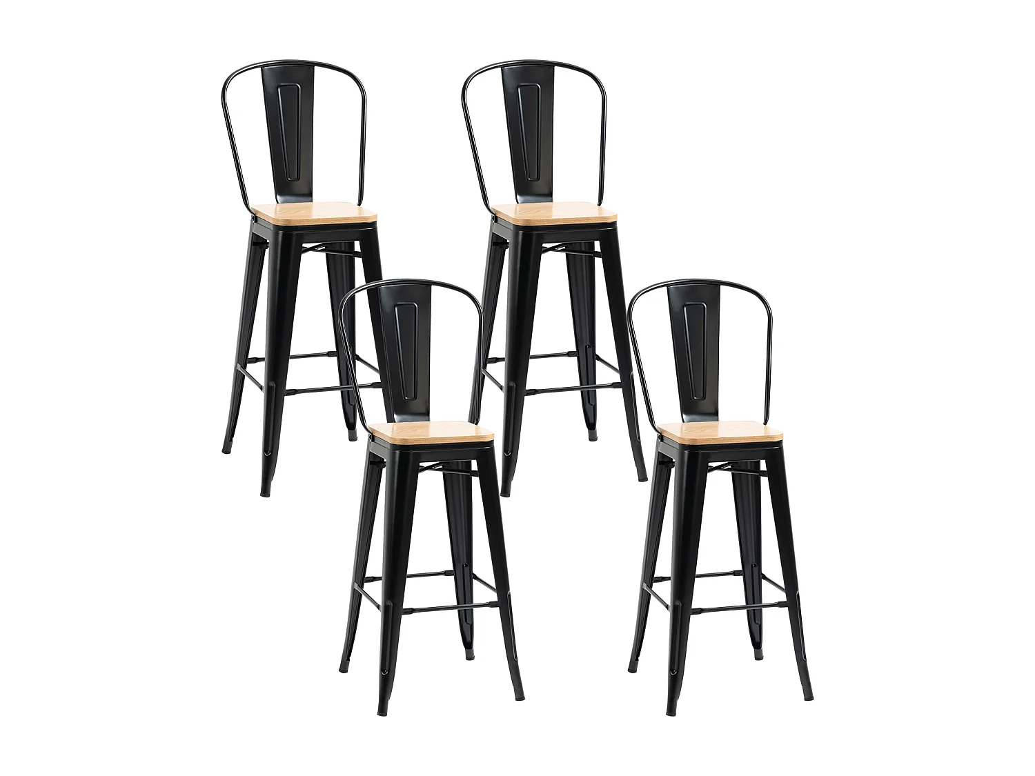 Lot de 4 tabourets de bar industriel avec dossier repose-pied hauteur assise 76 cm métal panneaux multicouches imitation bois clair