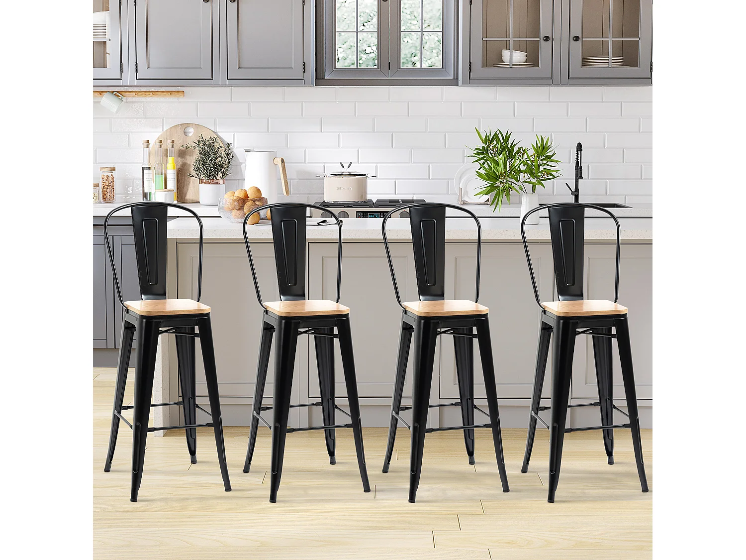 Lot de 4 tabourets de bar industriel avec dossier repose-pied hauteur assise 76 cm métal panneaux multicouches imitation bois clair