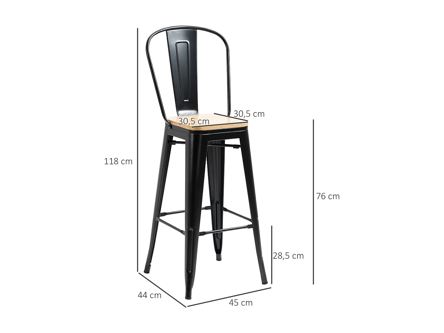 Lot de 4 tabourets de bar industriel avec dossier repose-pied hauteur assise 76 cm métal panneaux multicouches imitation bois clair