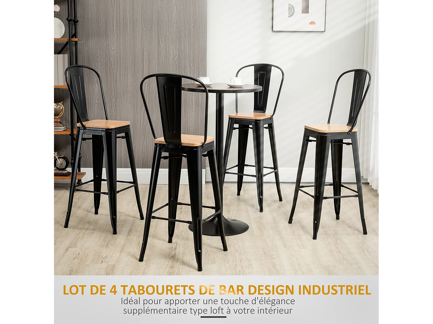 Lot de 4 tabourets de bar industriel avec dossier repose-pied hauteur assise 76 cm métal panneaux multicouches imitation bois clair
