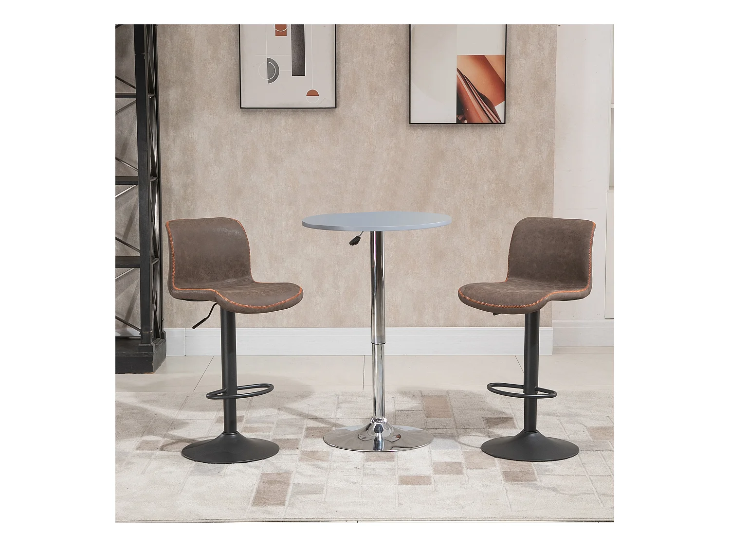 Lot de 2 tabourets de bar Vintage réglable pivotant avec repose-pied PU marron surpiqûre orange