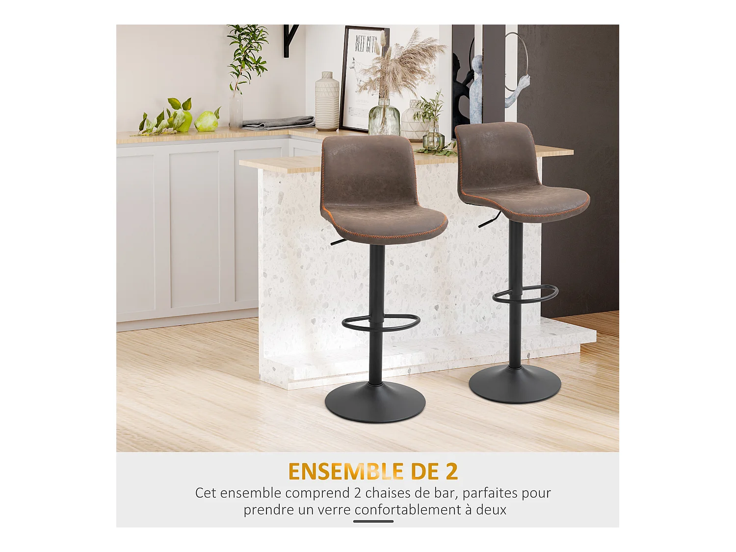 Lot de 2 tabourets de bar Vintage réglable pivotant avec repose-pied PU marron surpiqûre orange