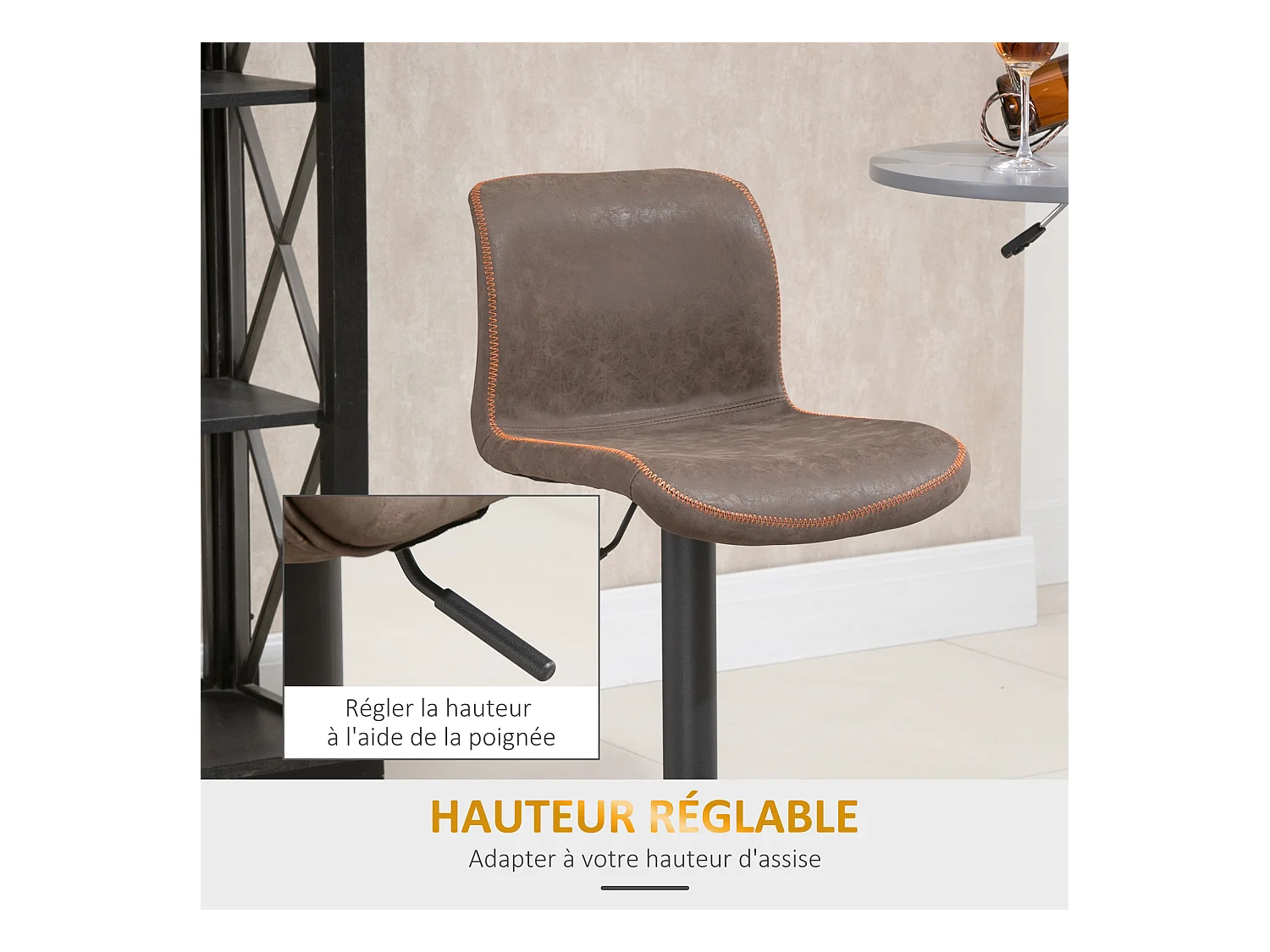 Lot de 2 tabourets de bar Vintage réglable pivotant avec repose-pied PU marron surpiqûre orange