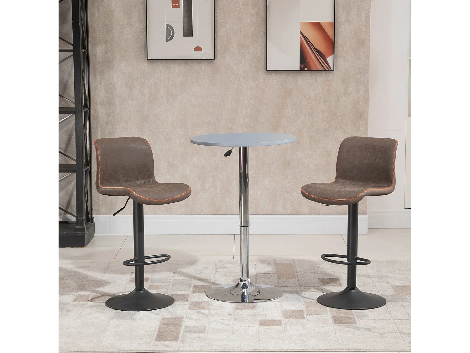 Lot de 2 tabourets de bar Vintage réglable pivotant avec repose-pied PU marron surpiqûre orange