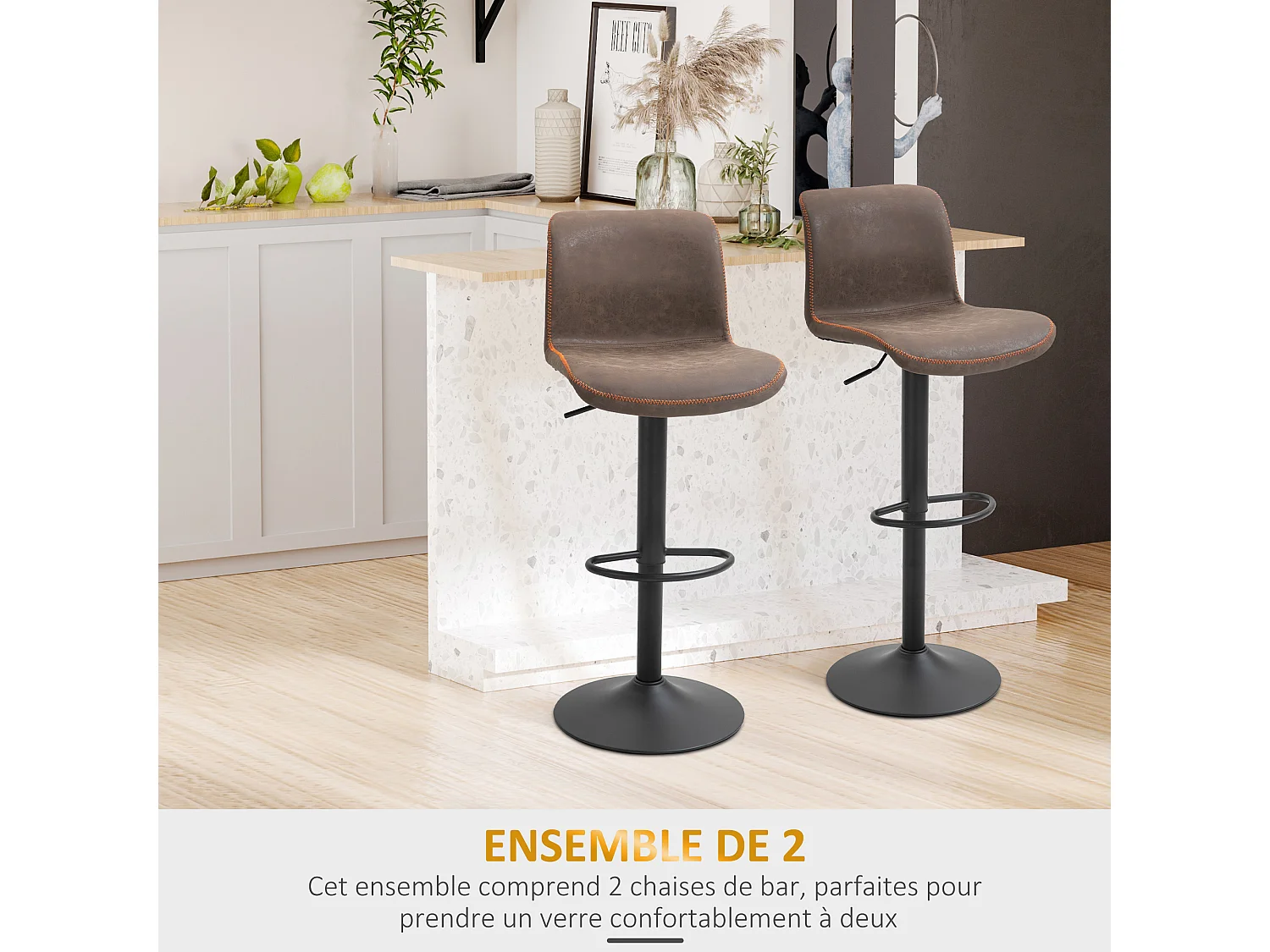 Lot de 2 tabourets de bar Vintage réglable pivotant avec repose-pied PU marron surpiqûre orange