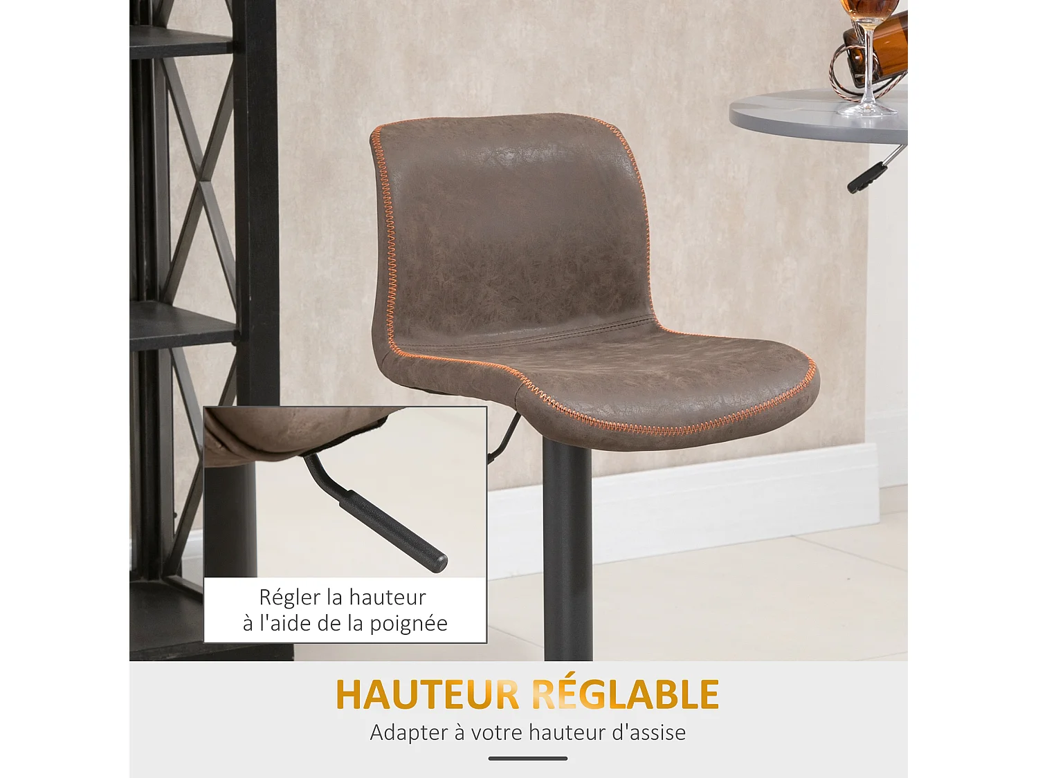 Lot de 2 tabourets de bar Vintage réglable pivotant avec repose-pied PU marron surpiqûre orange