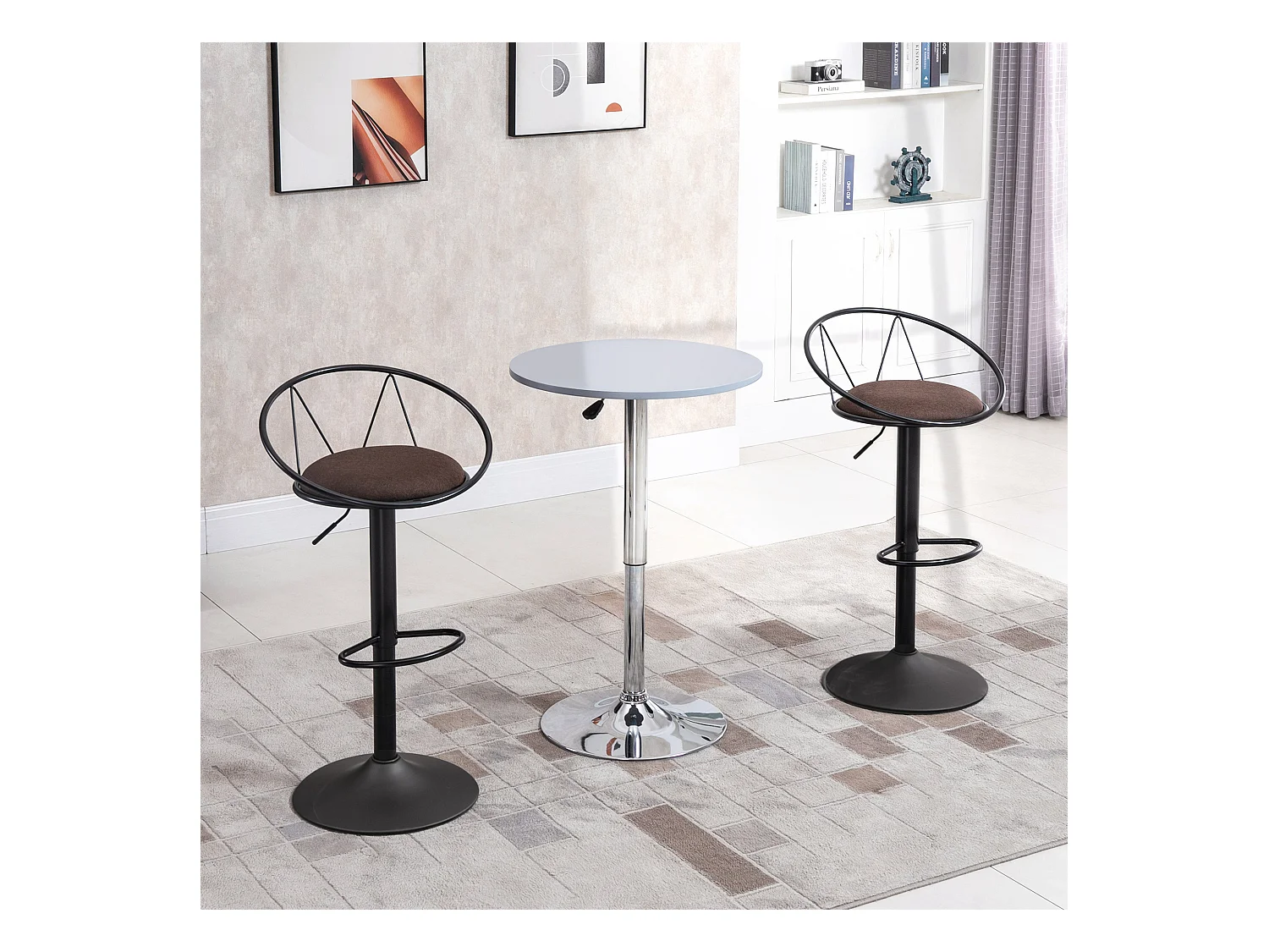 Lot de 2 tabourets de bar design néo-rétro réglable pivotant avec repose-pied métal noir lin marron