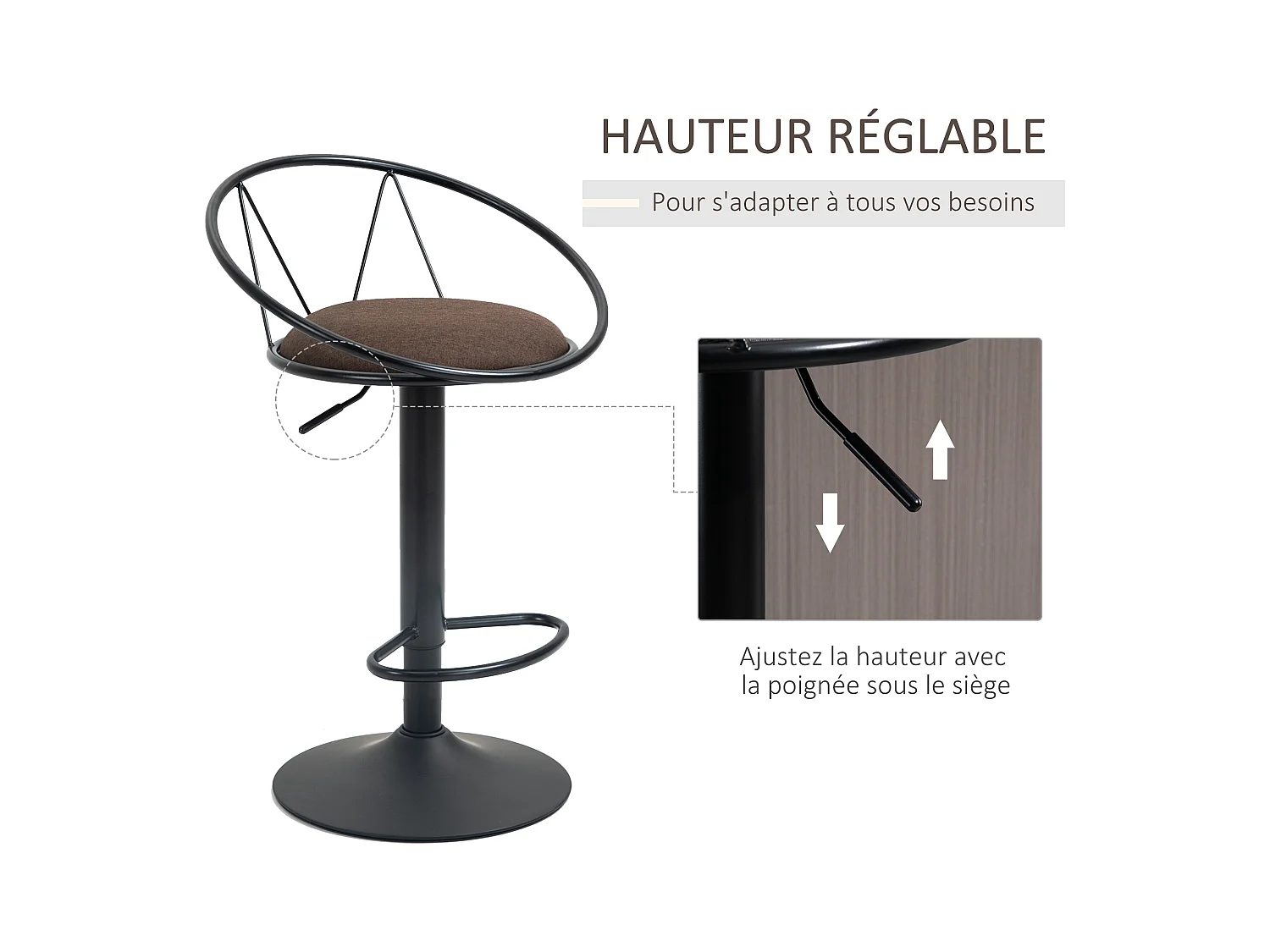 Lot de 2 tabourets de bar design néo-rétro réglable pivotant avec repose-pied métal noir lin marron