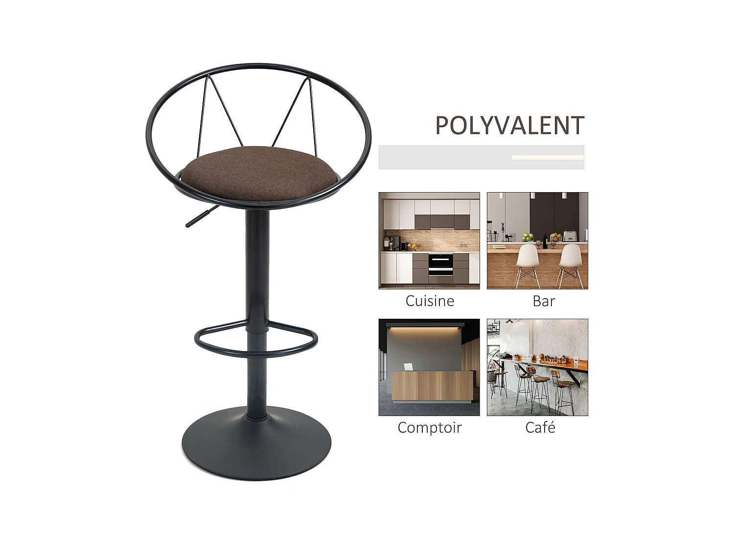 Lot de 2 tabourets de bar design néo-rétro réglable pivotant avec repose-pied métal noir lin marron