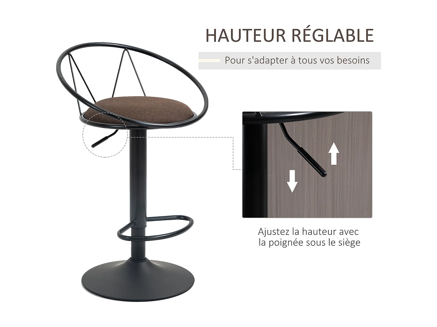 Lot de 2 tabourets de bar design néo-rétro réglable pivotant avec repose-pied métal noir lin marron