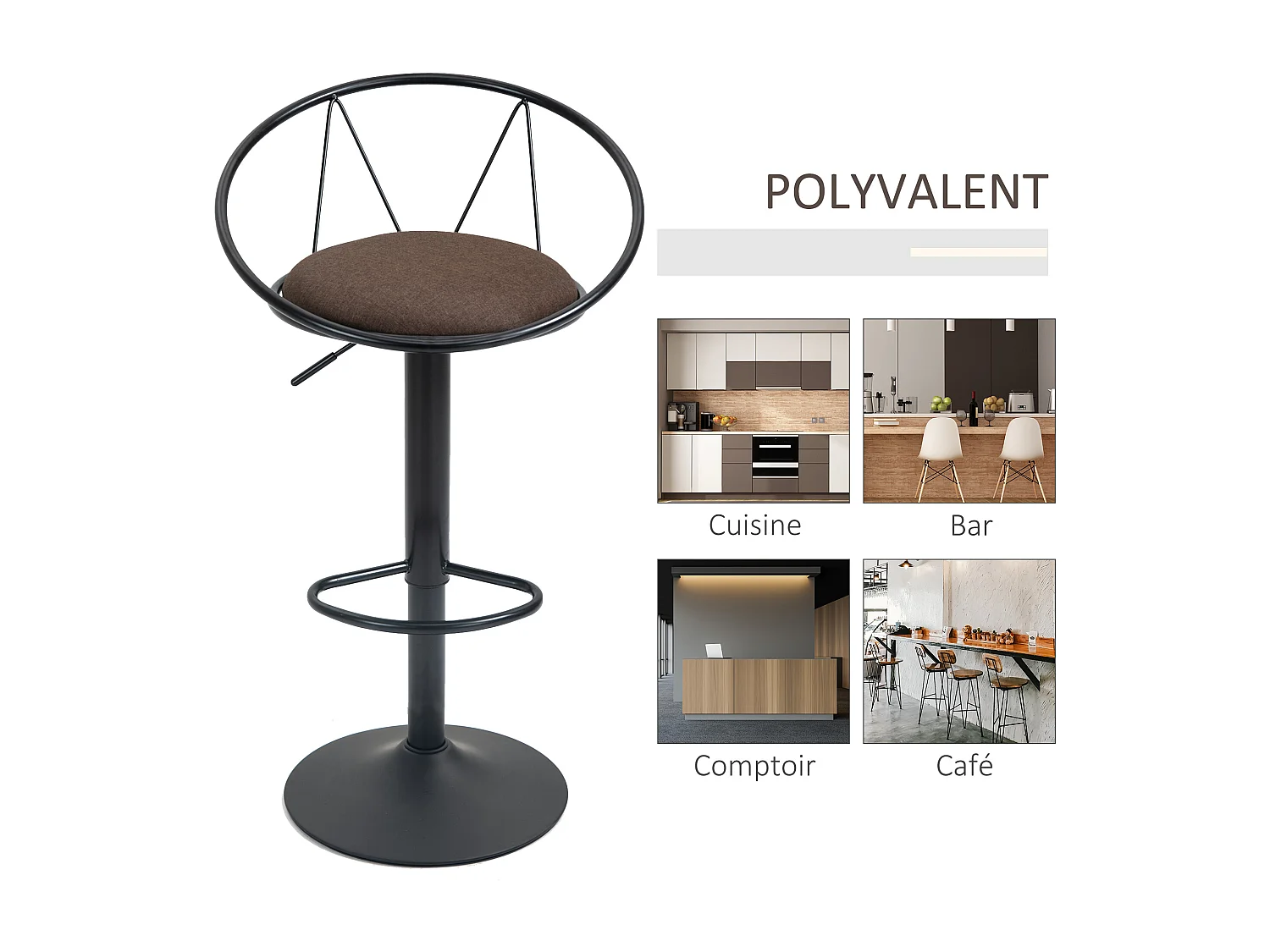 Lot de 2 tabourets de bar design néo-rétro réglable pivotant avec repose-pied métal noir lin marron