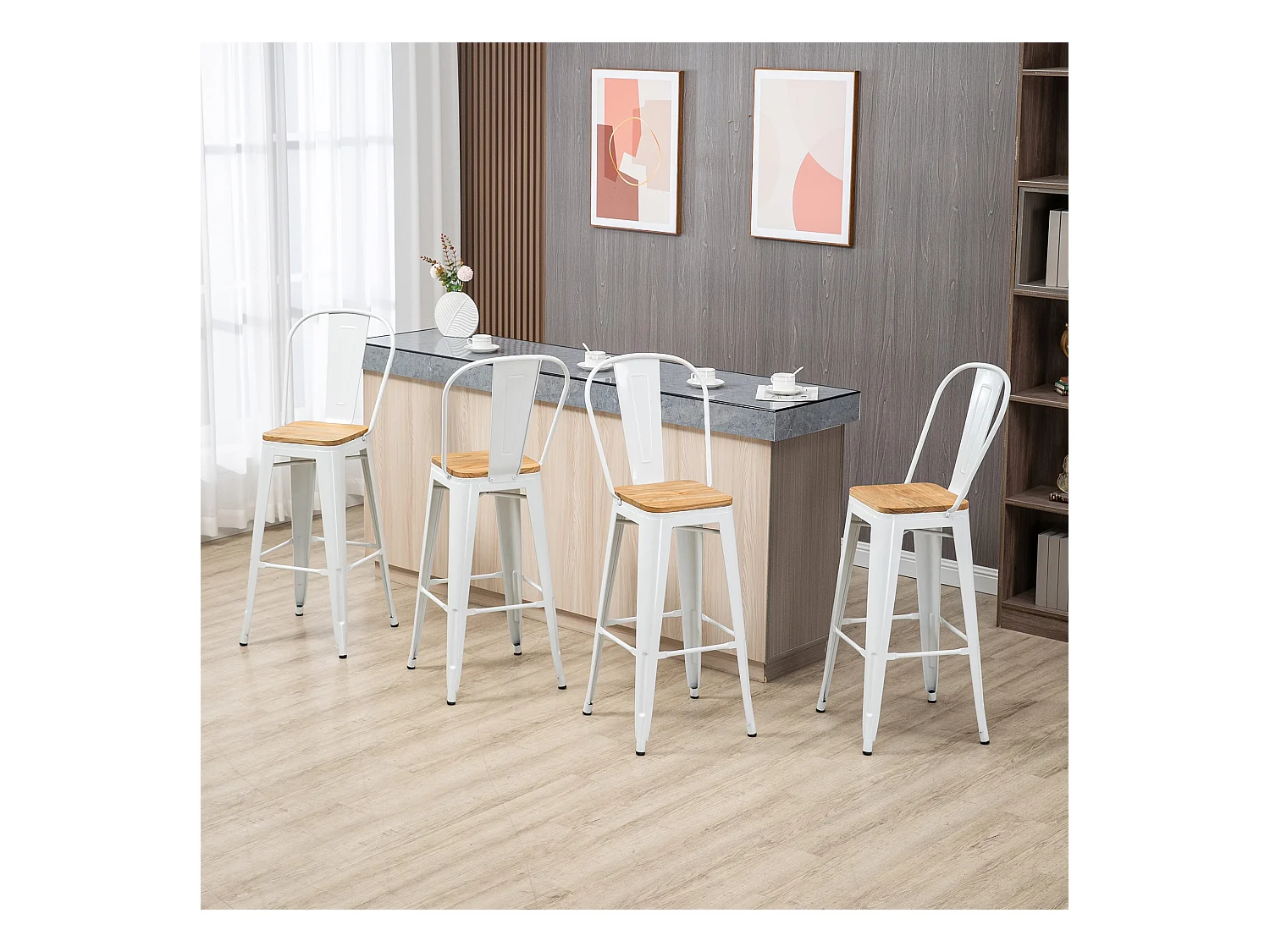 Lot de 4 tabourets de bar industriel avec dossier repose-pied hauteur assise 76 cm acier blanc bois d'orme