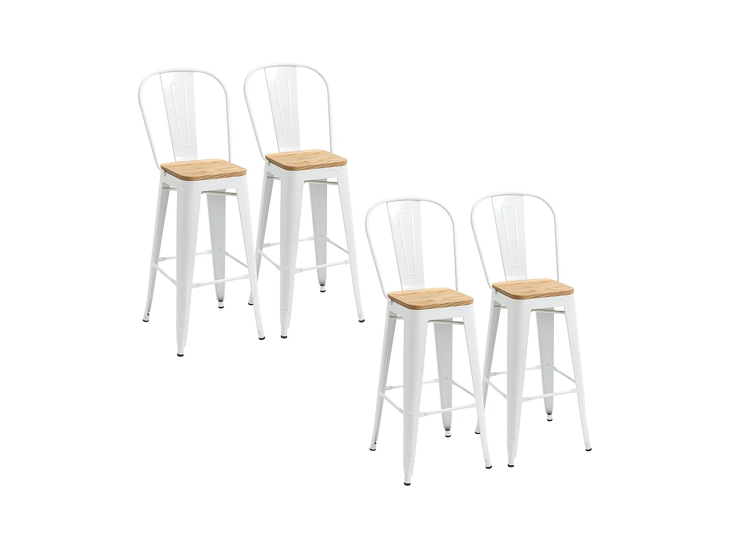 Lot de 4 tabourets de bar industriel avec dossier repose-pied hauteur assise 76 cm acier blanc bois d'orme