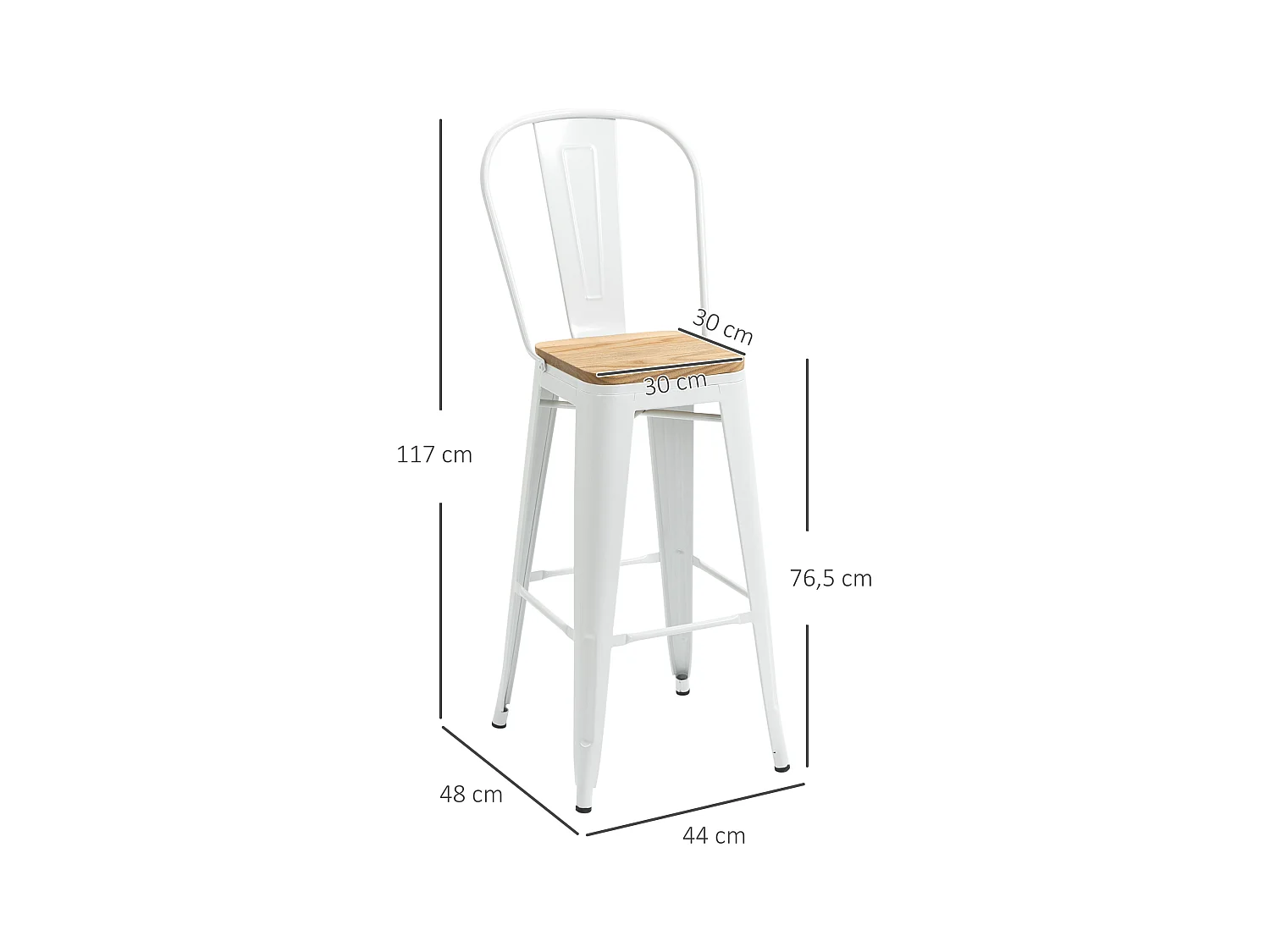 Lot de 4 tabourets de bar industriel avec dossier repose-pied hauteur assise 76 cm acier blanc bois d'orme