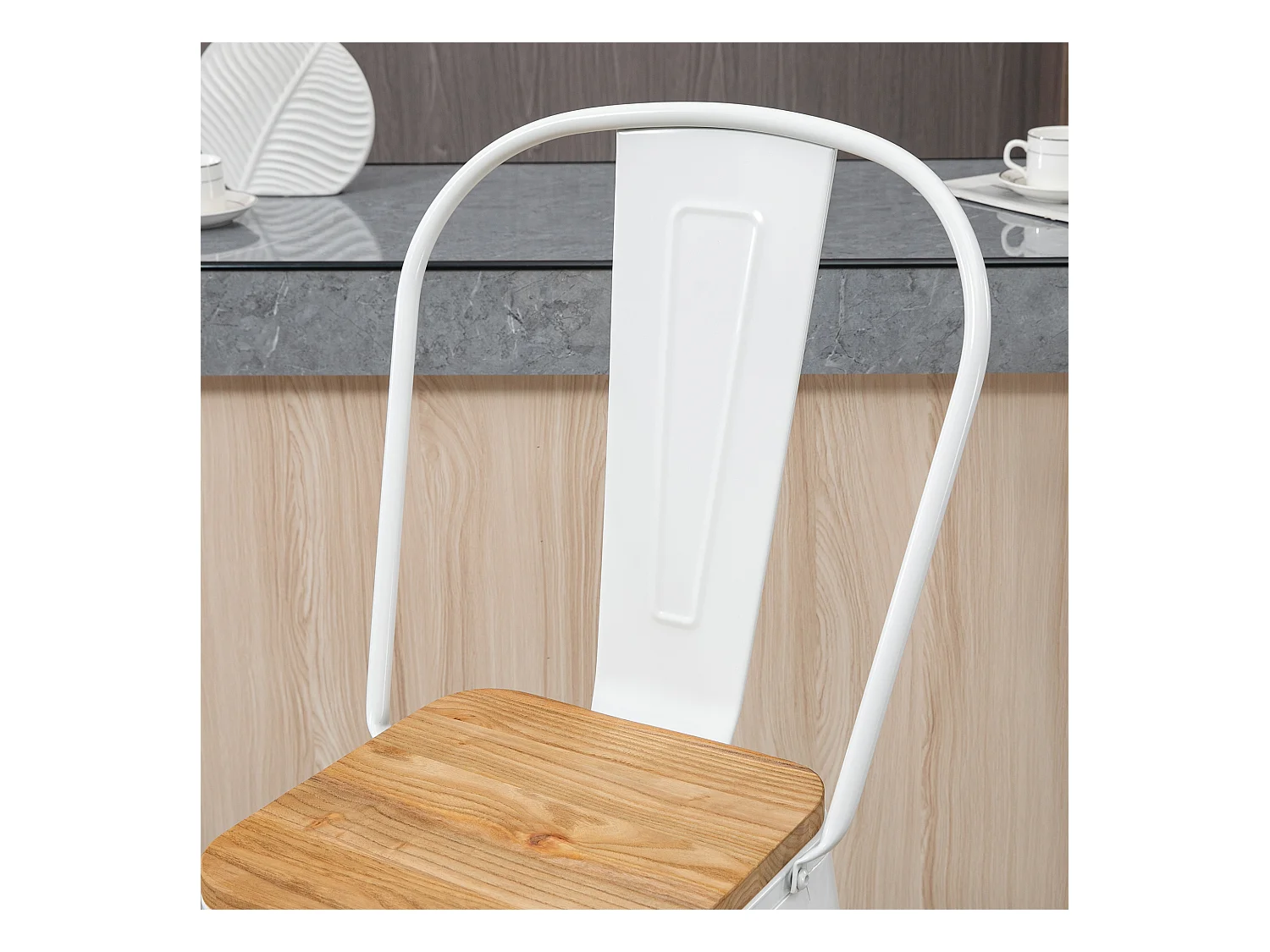 Lot de 4 tabourets de bar industriel avec dossier repose-pied hauteur assise 76 cm acier blanc bois d'orme