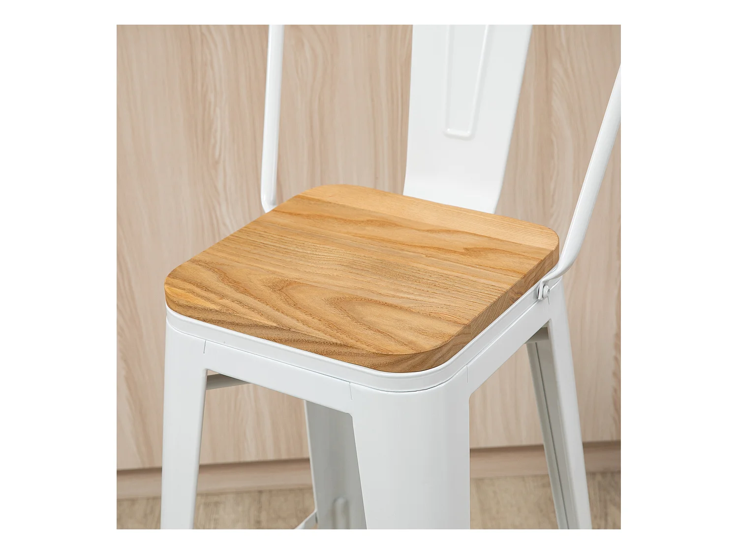 Lot de 4 tabourets de bar industriel avec dossier repose-pied hauteur assise 76 cm acier blanc bois d'orme