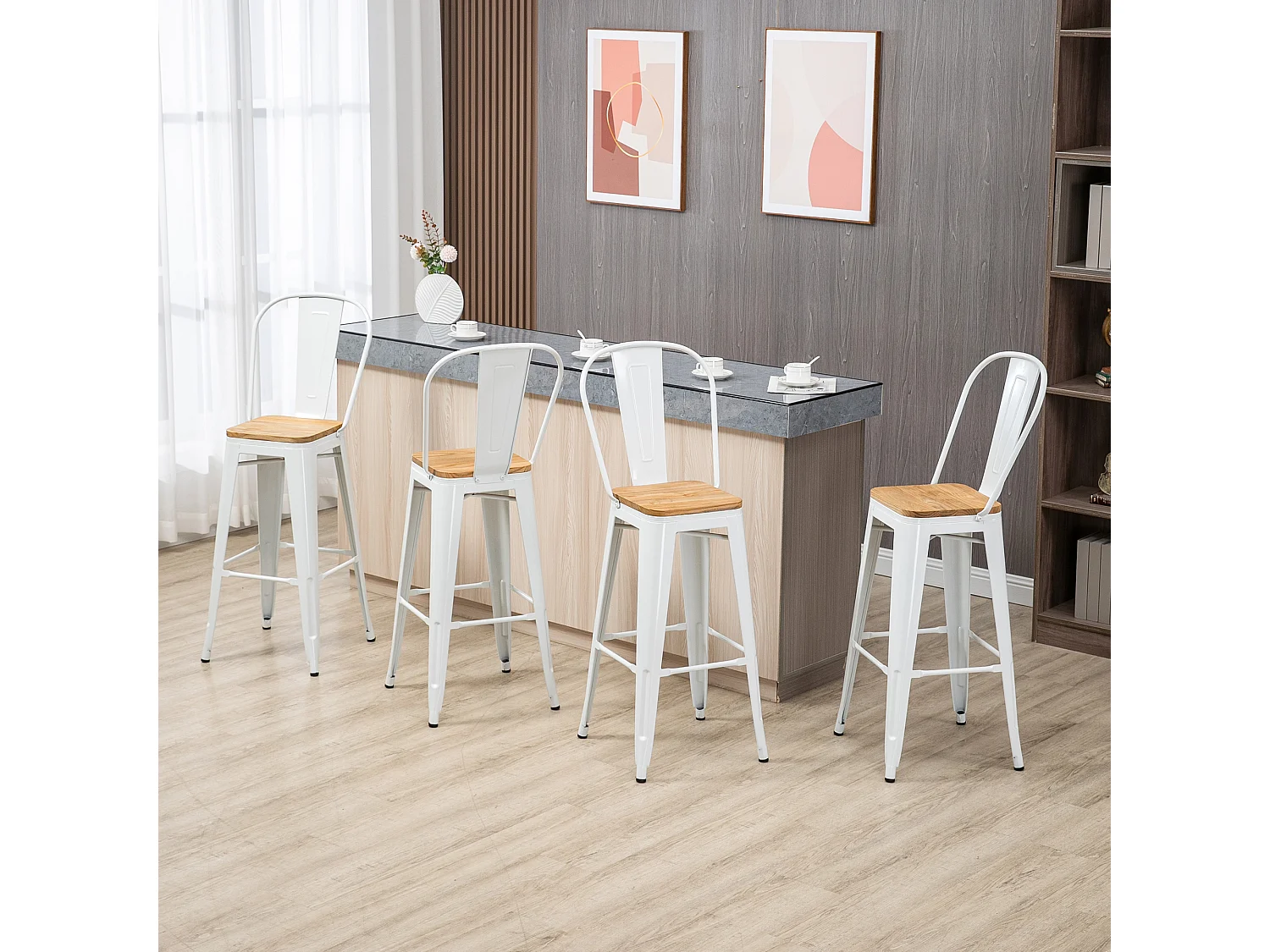 Lot de 4 tabourets de bar industriel avec dossier repose-pied hauteur assise 76 cm acier blanc bois d'orme