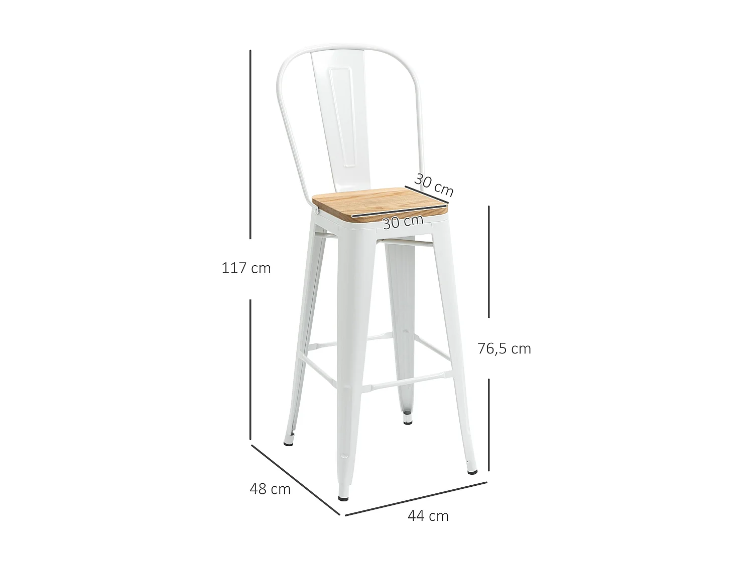 Lot de 4 tabourets de bar industriel avec dossier repose-pied hauteur assise 76 cm acier blanc bois d'orme