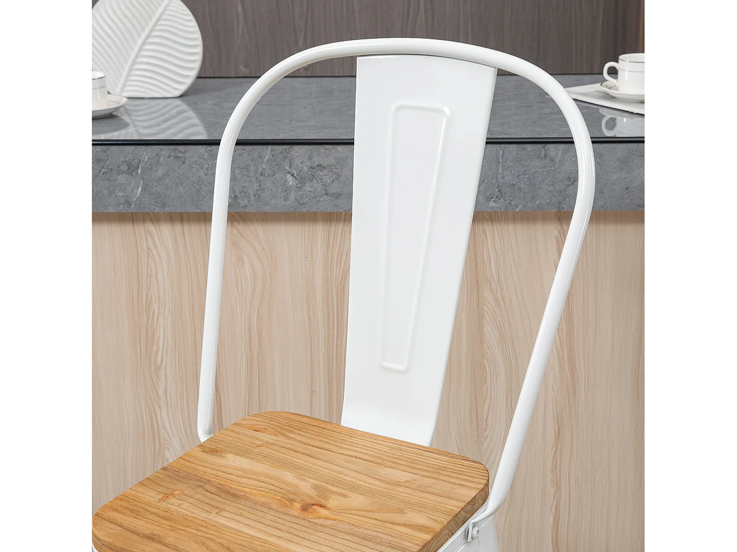 Lot de 4 tabourets de bar industriel avec dossier repose-pied hauteur assise 76 cm acier blanc bois d'orme