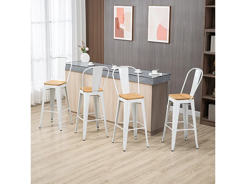 Lot de 4 tabourets de bar industriel avec dossier repose-pied hauteur assise 76 cm acier blanc bois d'orme