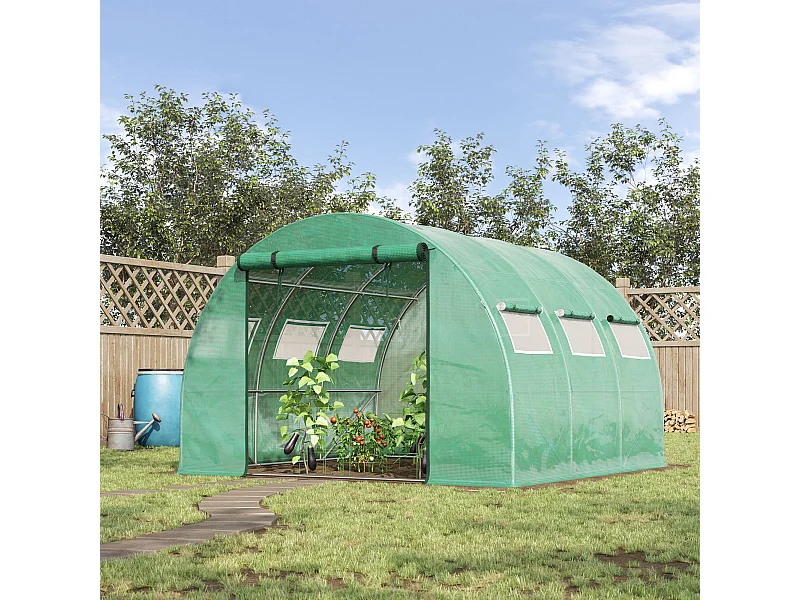 Serre tunnel de jardin grande taille dim. 3L x 2,95l x 1,97H m - 6 fenêtres, porte zippée enroulable - acier galvanisé PE haute densité vert