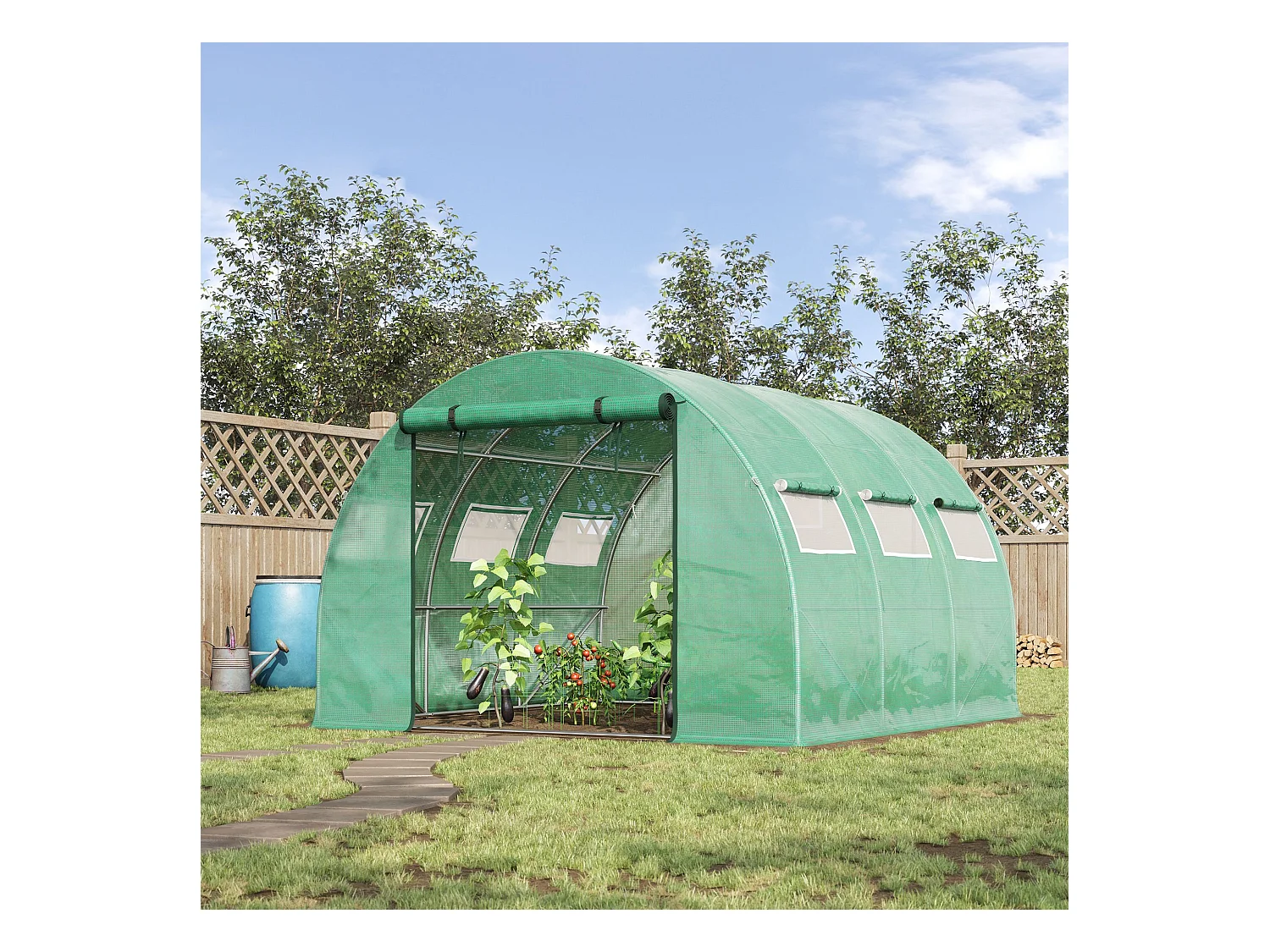 Serre tunnel de jardin grande taille dim. 3L x 2,95l x 1,97H m - 6 fenêtres, porte zippée enroulable - acier galvanisé PE haute densité vert