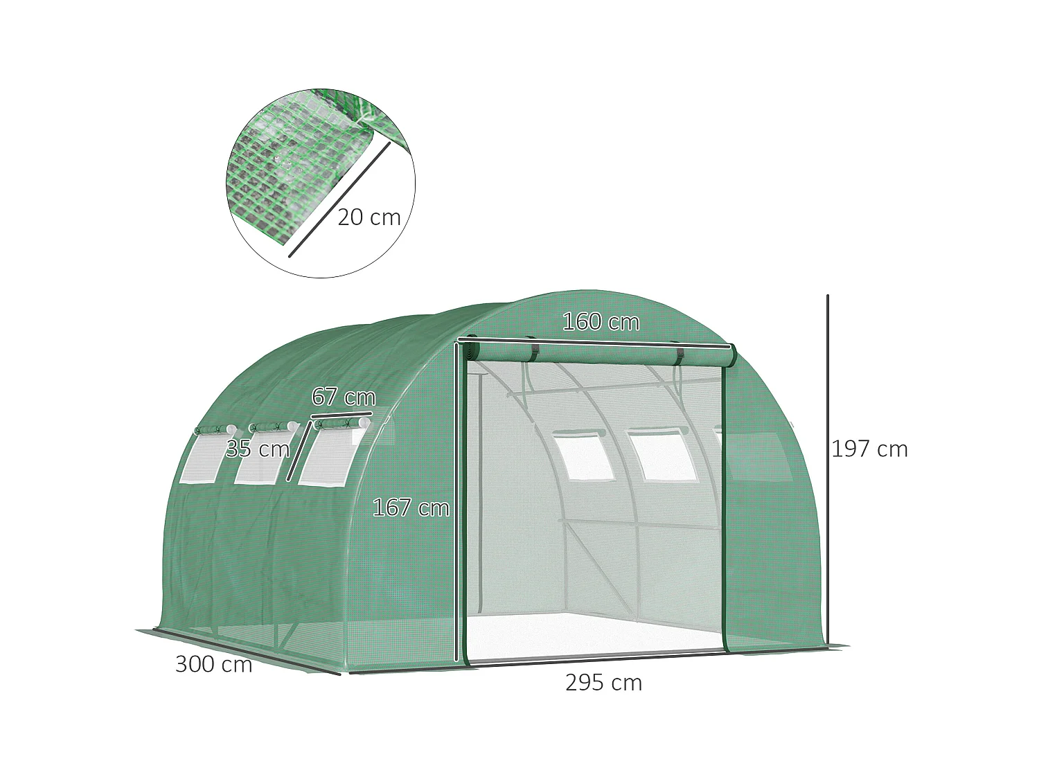 Serre tunnel de jardin grande taille dim. 3L x 2,95l x 1,97H m - 6 fenêtres, porte zippée enroulable - acier galvanisé PE haute densité vert