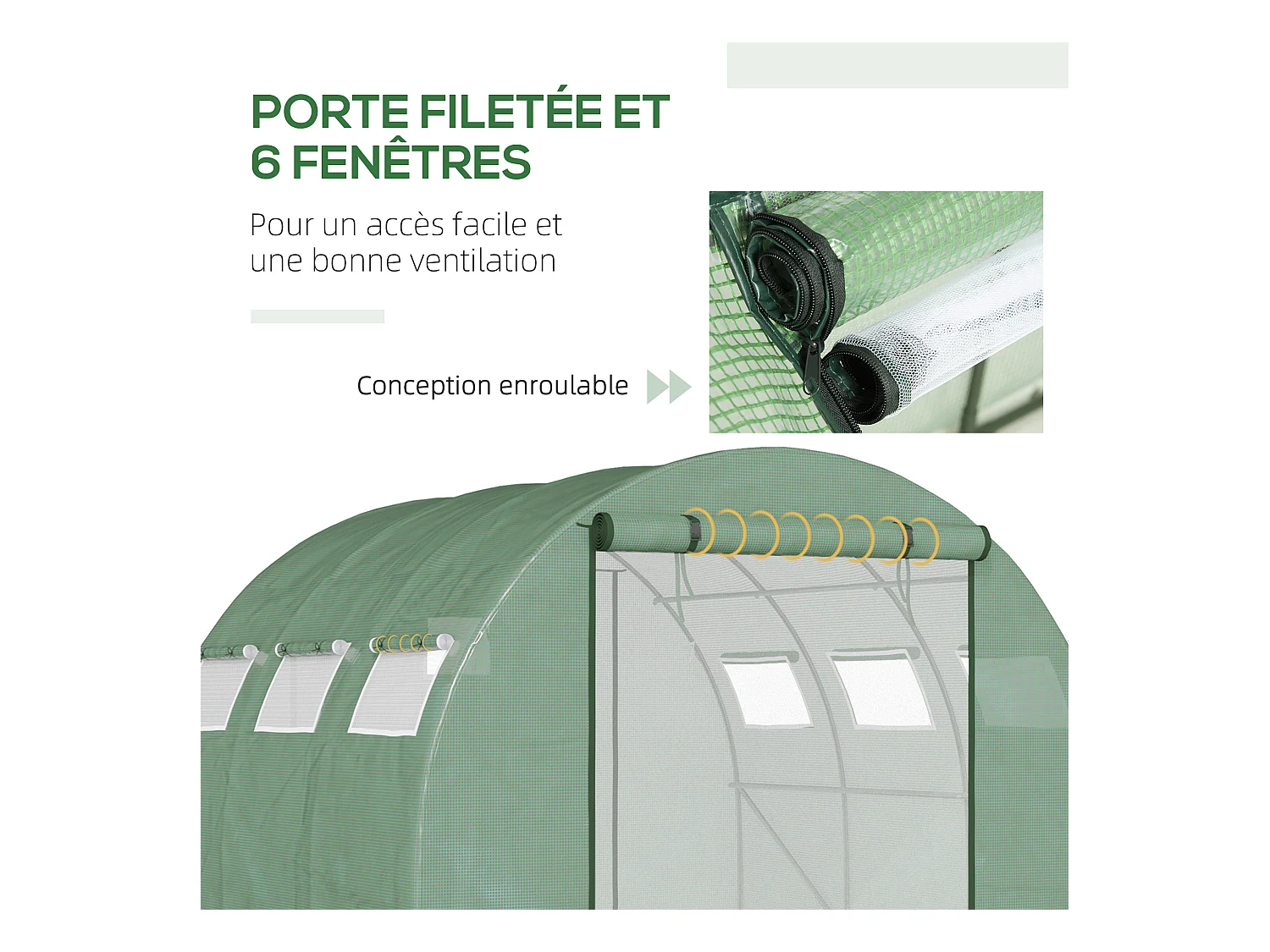 Serre tunnel de jardin grande taille dim. 3L x 2,95l x 1,97H m - 6 fenêtres, porte zippée enroulable - acier galvanisé PE haute densité vert