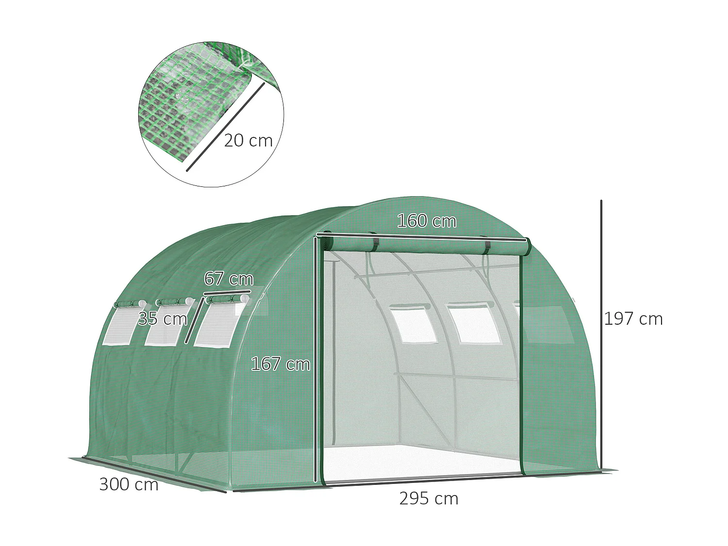 Serre tunnel de jardin grande taille dim. 3L x 2,95l x 1,97H m - 6 fenêtres, porte zippée enroulable - acier galvanisé PE haute densité vert