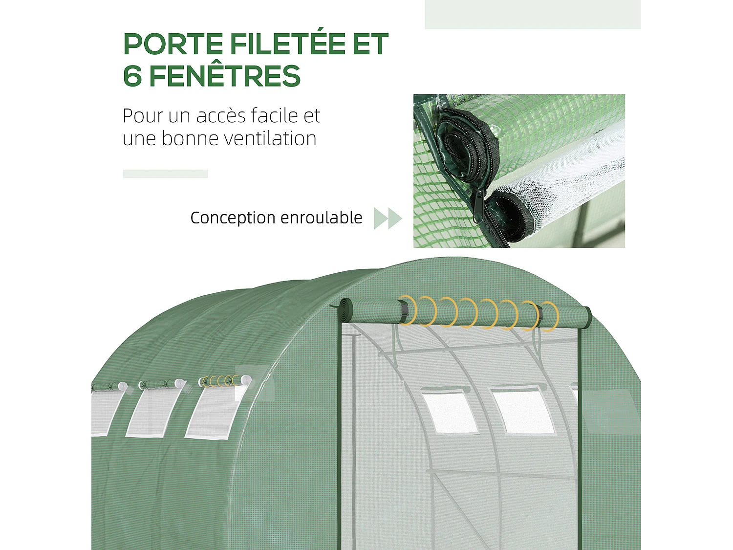 Serre tunnel de jardin grande taille dim. 3L x 2,95l x 1,97H m - 6 fenêtres, porte zippée enroulable - acier galvanisé PE haute densité vert