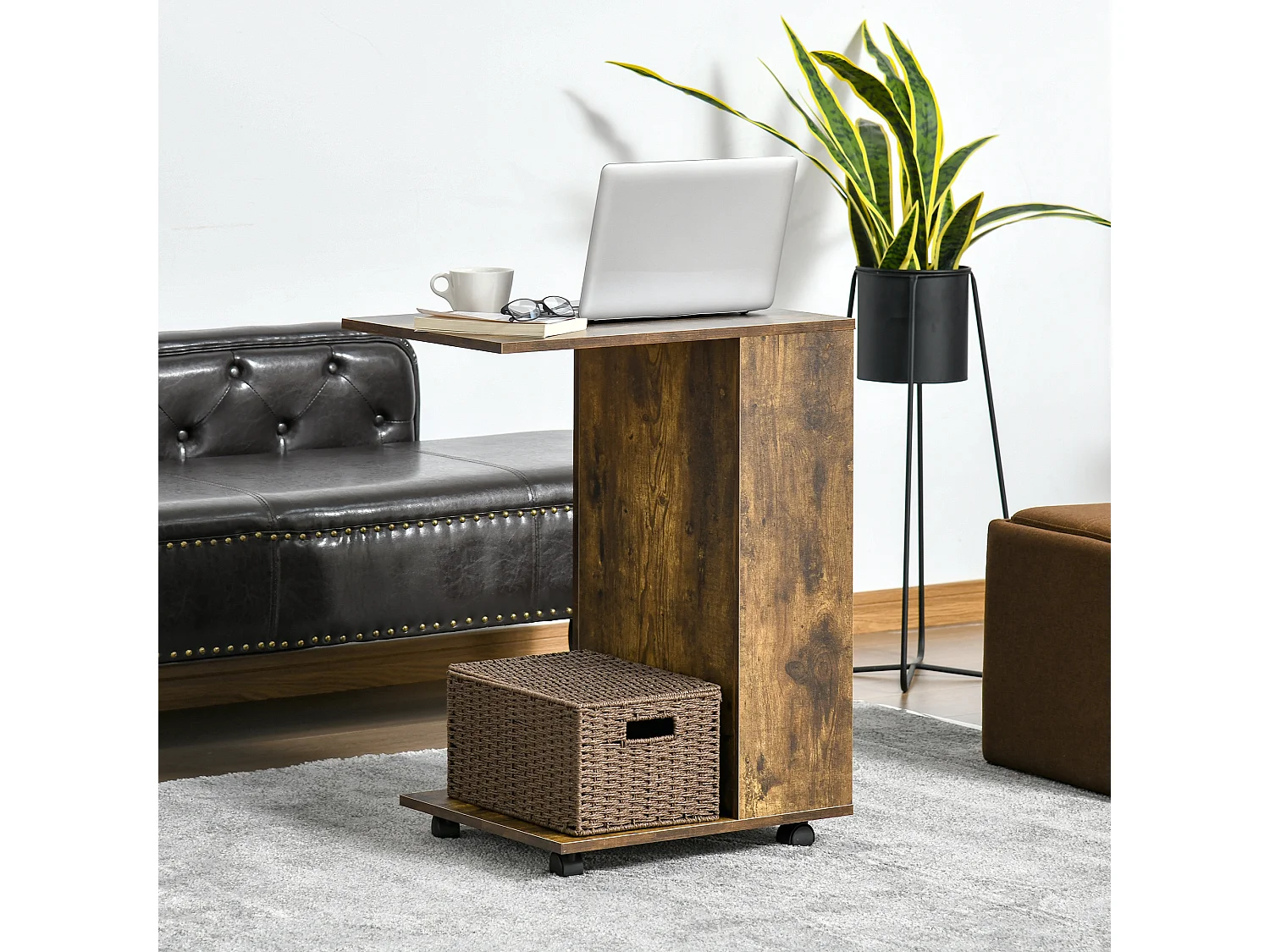 Table de lit/fauteuil - table d'appoint roulante avec étagère basse et compartiment rangement - panneaux particules aspect vieux bois