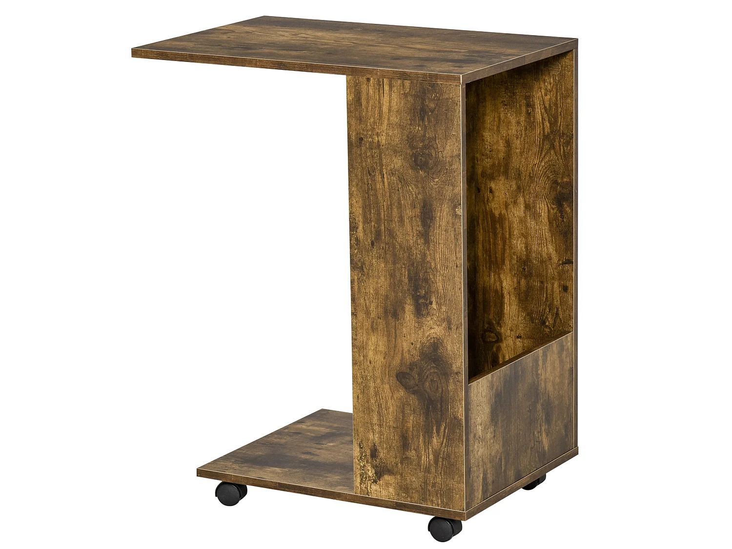 Table de lit/fauteuil - table d'appoint roulante avec étagère basse et compartiment rangement - panneaux particules aspect vieux bois