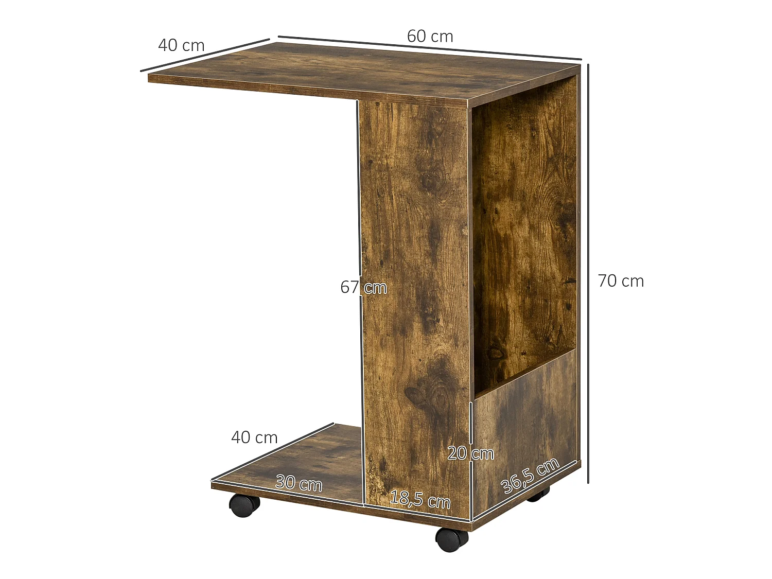 Table de lit/fauteuil - table d'appoint roulante avec étagère basse et compartiment rangement - panneaux particules aspect vieux bois