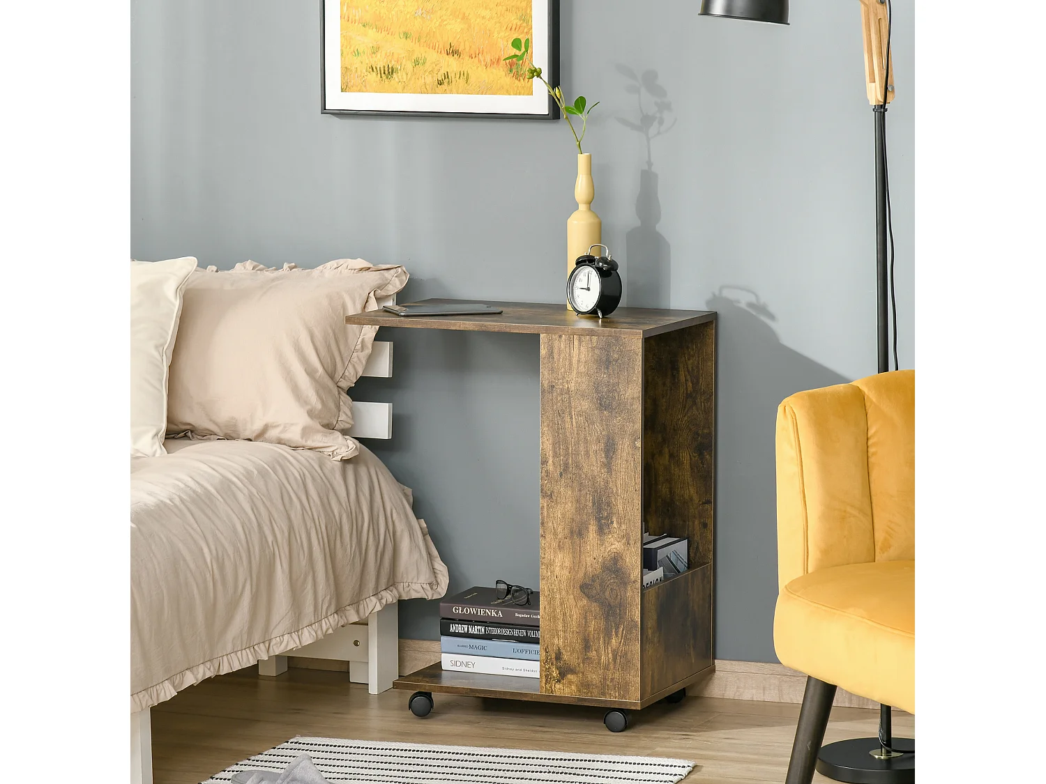 Table de lit/fauteuil - table d'appoint roulante avec étagère basse et compartiment rangement - panneaux particules aspect vieux bois