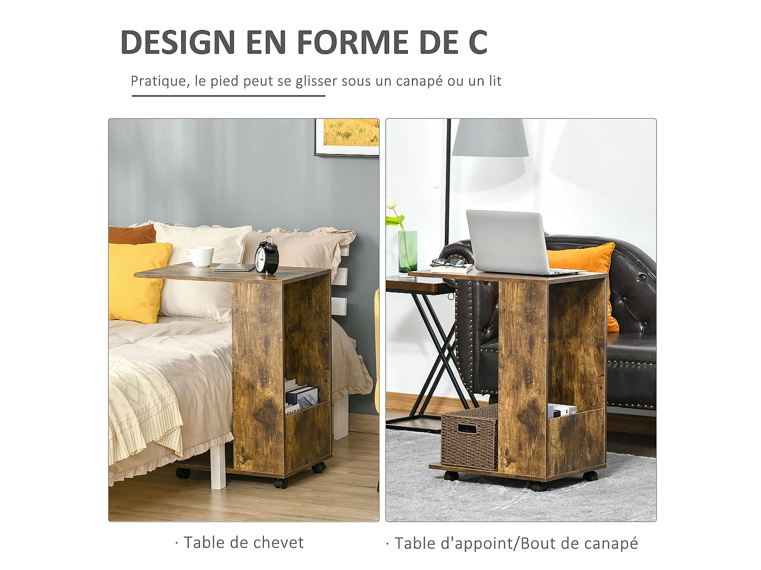 Table de lit/fauteuil - table d'appoint roulante avec étagère basse et compartiment rangement - panneaux particules aspect vieux bois