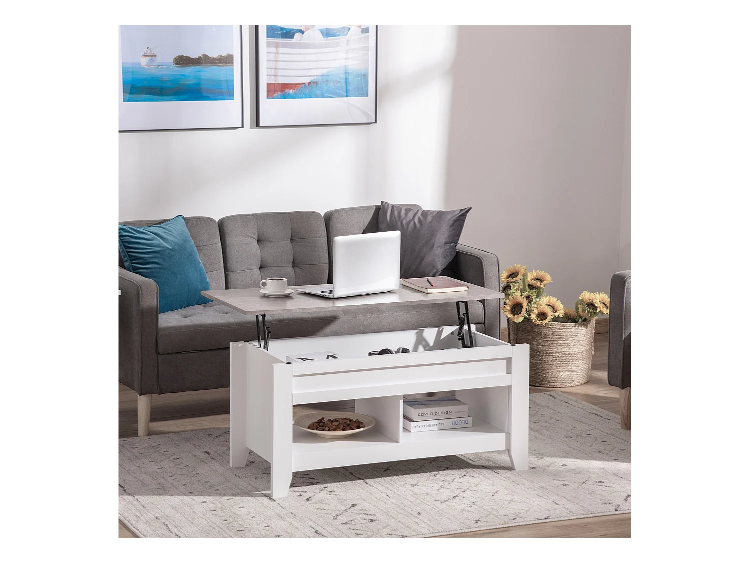 Table basse rectangulaire plateau relevable 2 niches et coffre panneaux particules blanc aspect marbre