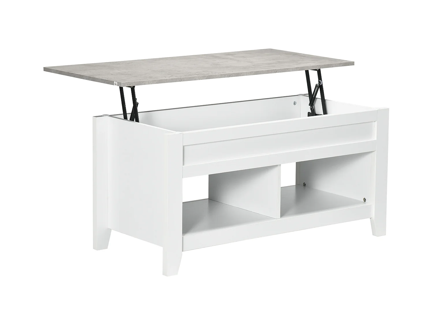Table basse rectangulaire plateau relevable 2 niches et coffre panneaux particules blanc aspect marbre