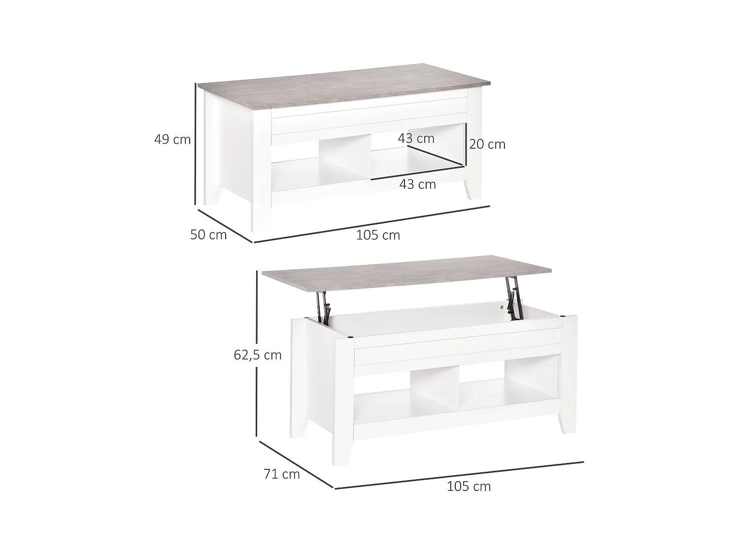Table basse rectangulaire plateau relevable 2 niches et coffre panneaux particules blanc aspect marbre