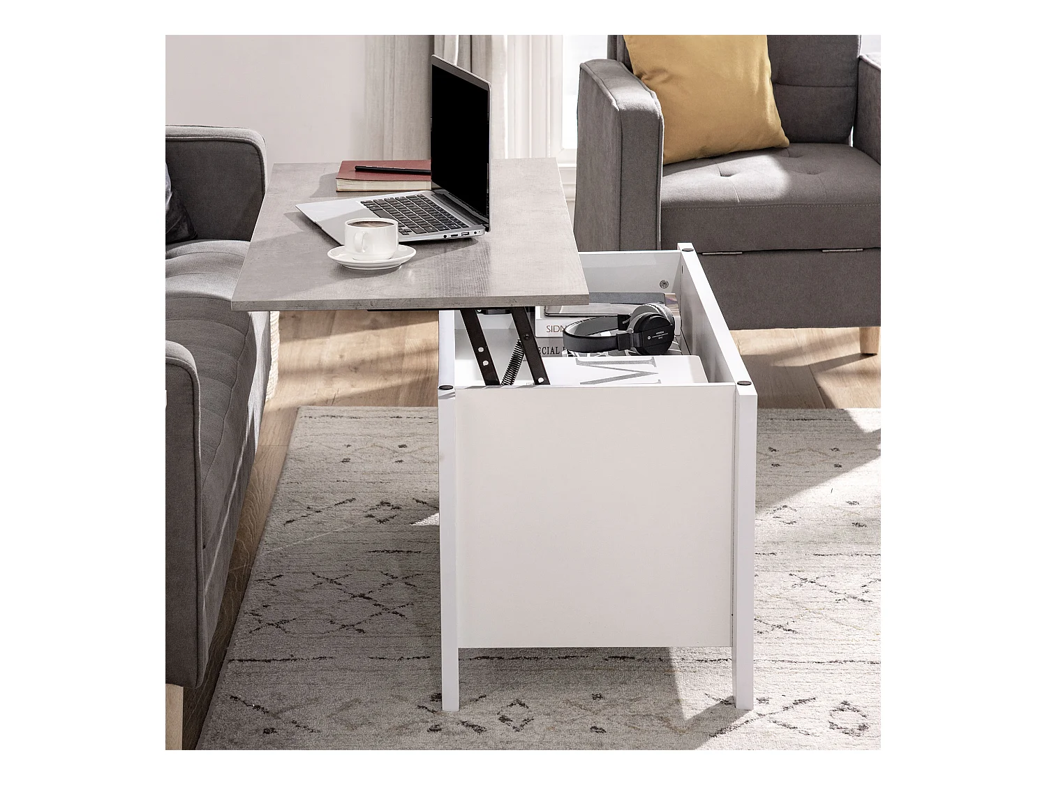 Table basse rectangulaire plateau relevable 2 niches et coffre panneaux particules blanc aspect marbre